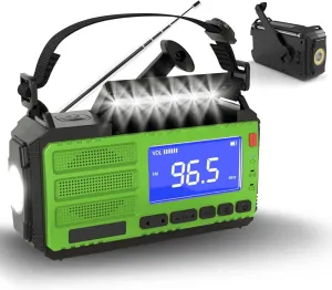 10000mAh Emergency Hand Crank Radio,Solar Powered Radio,Portable FM/AM/WB Weather Radio with Flashlight, LED Reading Lamp, SOS Alarm,Compass for Camping Home Emergency Green