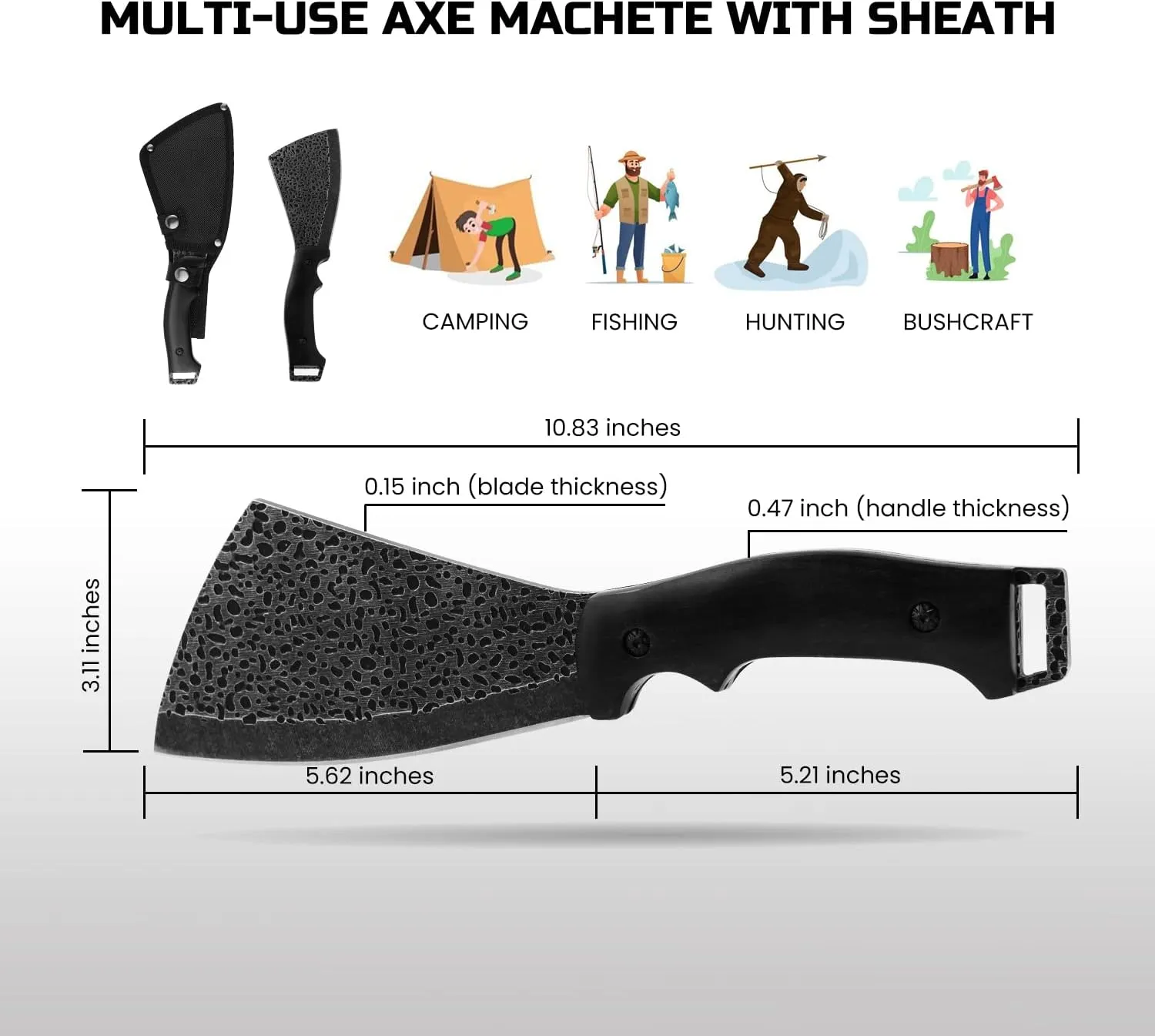 11 Inch Hatchet with Sheath, Small Compact Machete Axes, Fixed Blade Full Tang Camping Tactical Knife for Woodworking, Garden Machete Axe with Sheath for Bushcraft Yards Bushes Wood, A2BK