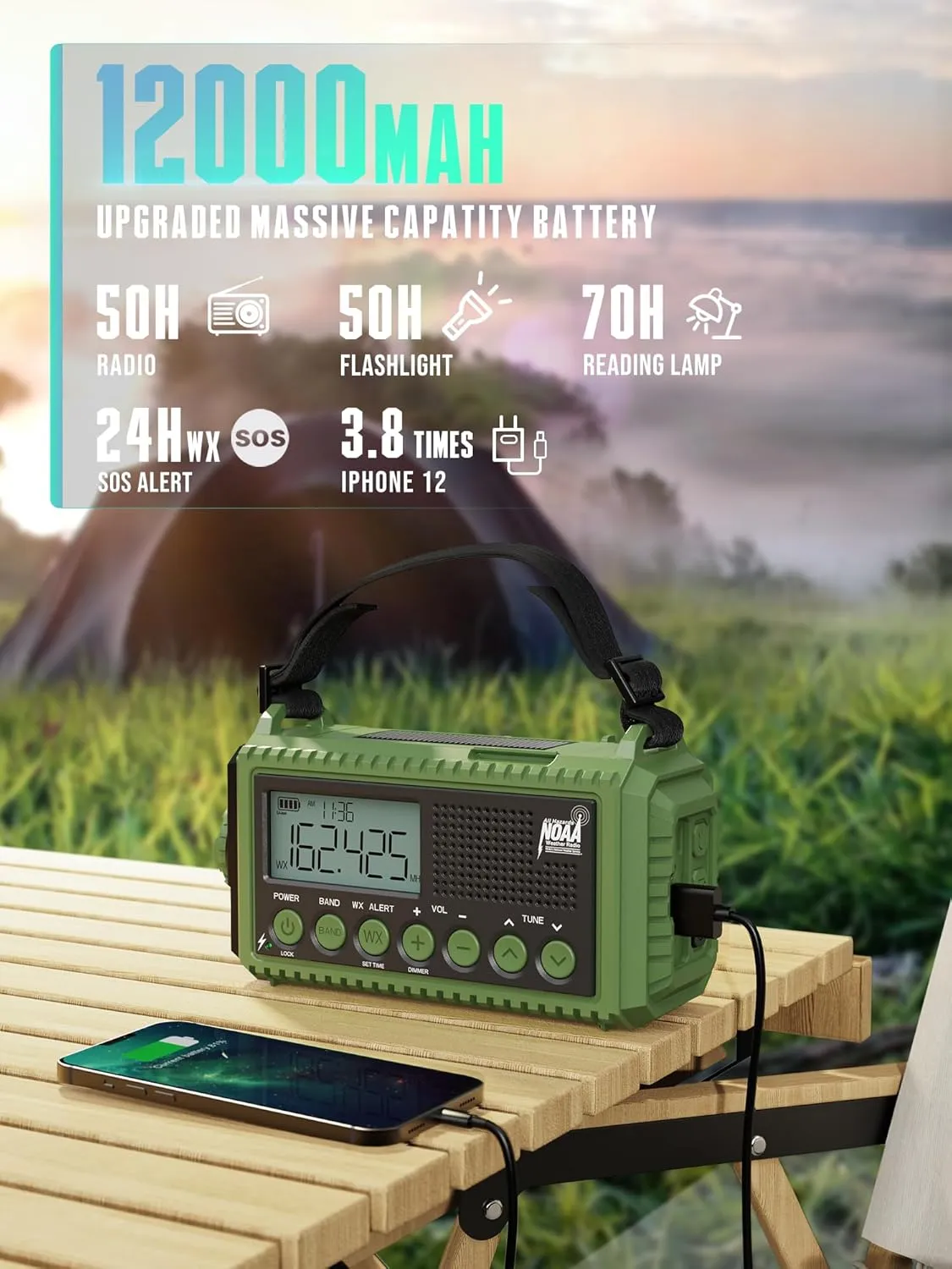 12000mAh Emergency Radio - AUTO NOAA Weather Alert, Solar Hand Crank AM/FM/SW/NOAA, Flashlight, Phone Charger, SOS Siren, Survival Kit for Camping, Storms, Power Outages