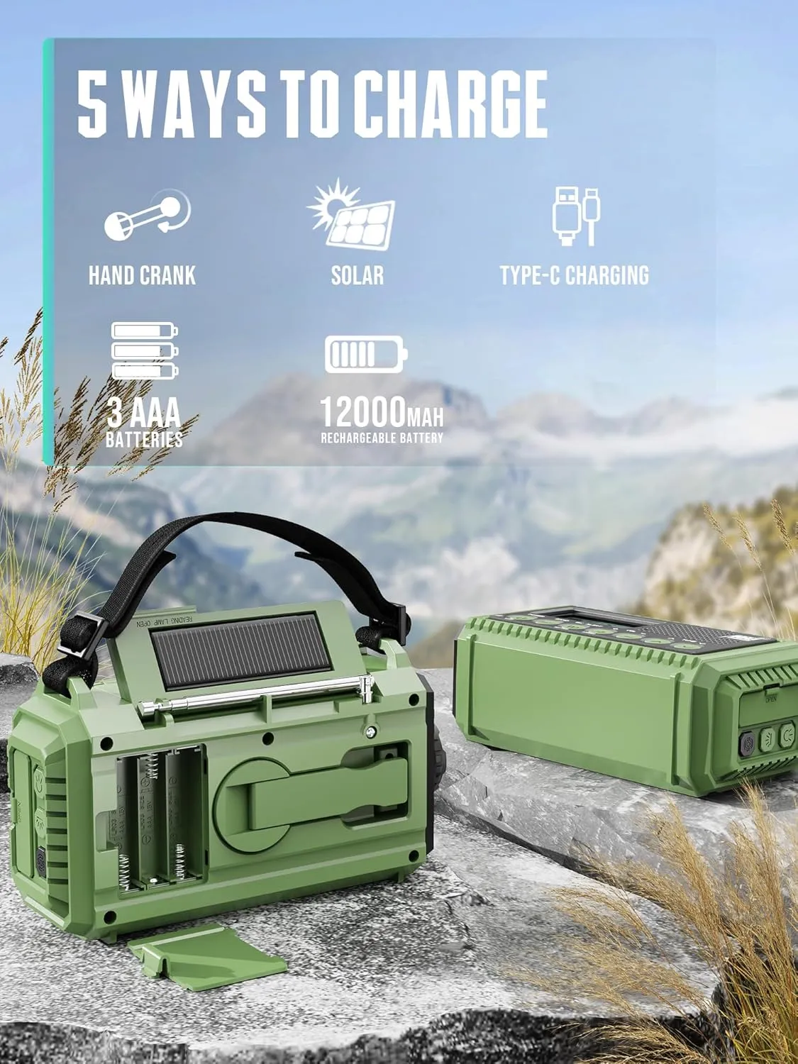 12000mAh Emergency Radio - AUTO NOAA Weather Alert, Solar Hand Crank AM/FM/SW/NOAA, Flashlight, Phone Charger, SOS Siren, Survival Kit for Camping, Storms, Power Outages