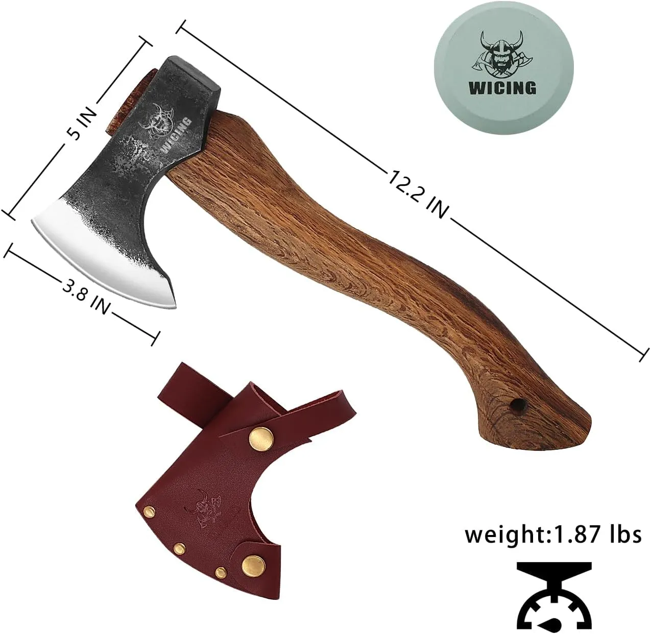 12.2 in Hatchet Axe, 1065 High Manganese Steel and Beech Wood Handle With Leather Sheath for Camping, Carving, Bushcraft Outdoor