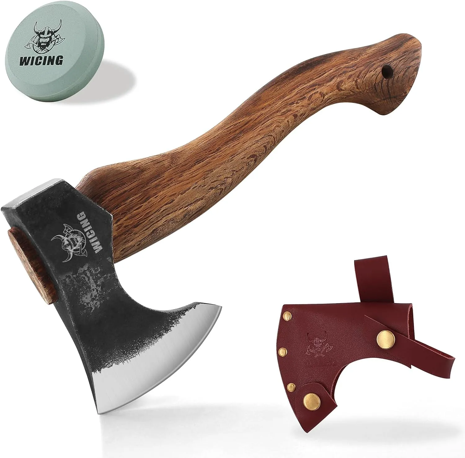 12.2 in Hatchet Axe, 1065 High Manganese Steel and Beech Wood Handle With Leather Sheath for Camping, Carving, Bushcraft Outdoor