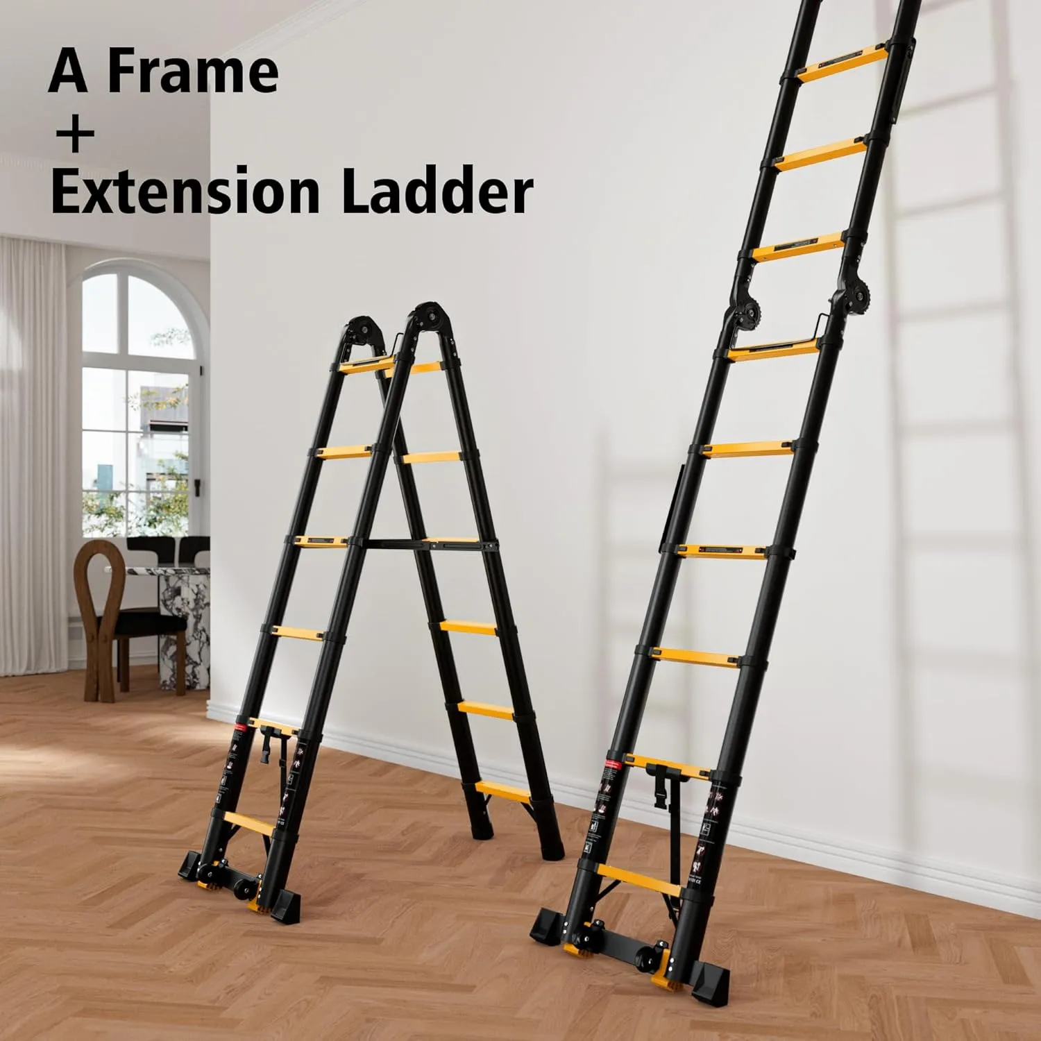 12.5FT Telescoping Ladder A Frame, Aluminum Portable Extension Folding Ladder Meets EN131 Standard, Multi-Purpose Compact Telescopic Ladder for Household or Outdoor Work, 330lbs Max Capacity
