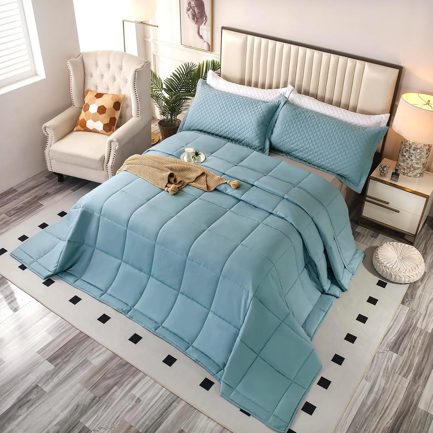 128x120 Oversized King Plus Comforter, Winter Warm Extra Large King Size Quilts 3 Pieces Lightweight Reversible Down Alternative Comforter for All Season with 8 Corner Tabs -Ice Blue