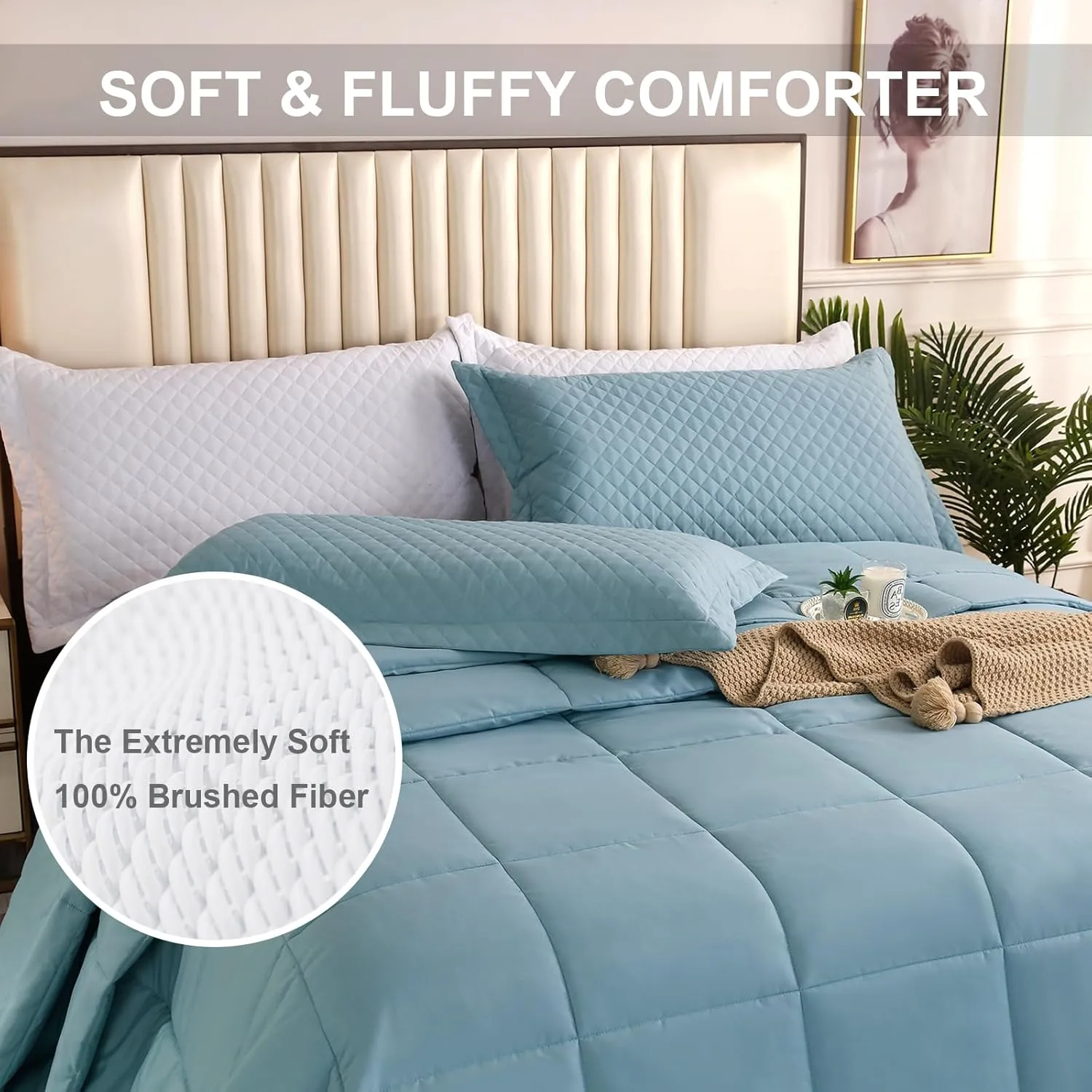128x120 Oversized King Plus Comforter, Winter Warm Extra Large King Size Quilts 3 Pieces Lightweight Reversible Down Alternative Comforter for All Season with 8 Corner Tabs -Ice Blue