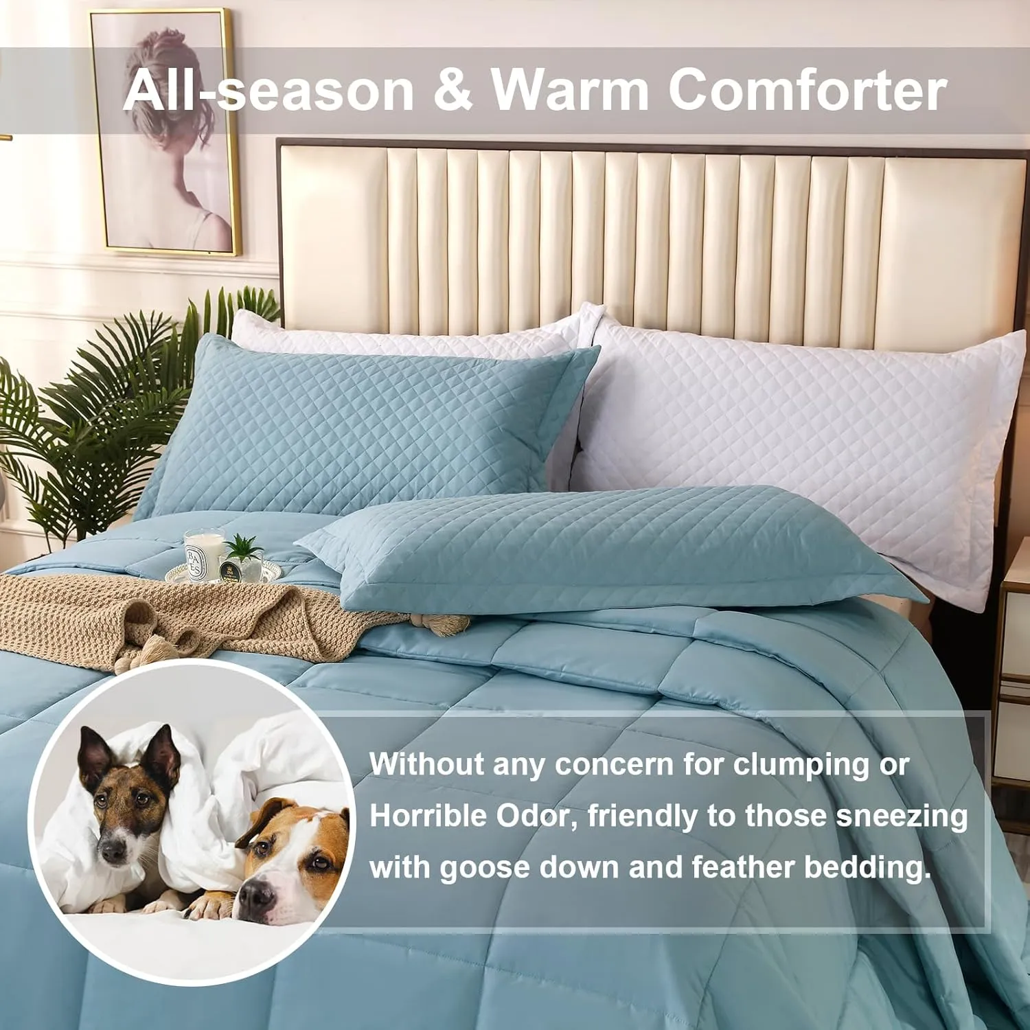 128x120 Oversized King Plus Comforter, Winter Warm Extra Large King Size Quilts 3 Pieces Lightweight Reversible Down Alternative Comforter for All Season with 8 Corner Tabs -Ice Blue