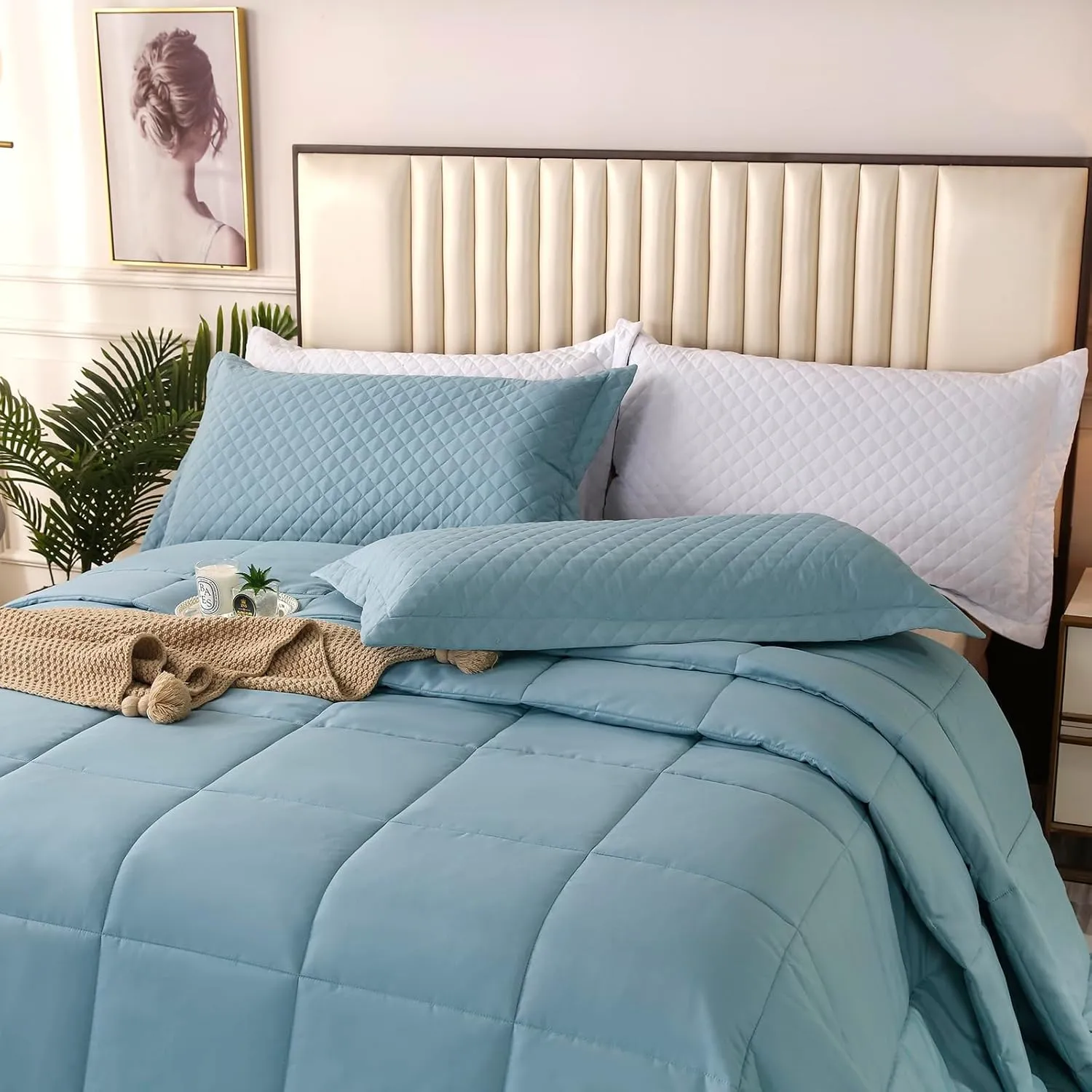 128x120 Oversized King Plus Comforter, Winter Warm Extra Large King Size Quilts 3 Pieces Lightweight Reversible Down Alternative Comforter for All Season with 8 Corner Tabs -Ice Blue