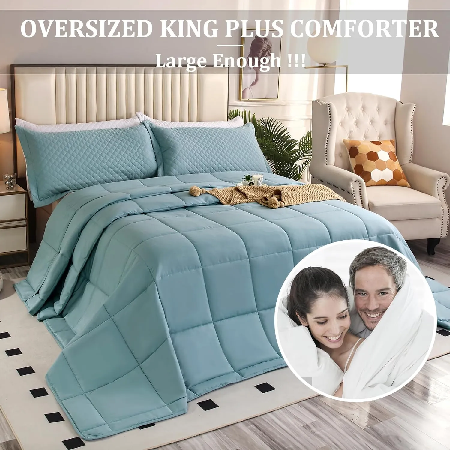 128x120 Oversized King Plus Comforter, Winter Warm Extra Large King Size Quilts 3 Pieces Lightweight Reversible Down Alternative Comforter for All Season with 8 Corner Tabs -Ice Blue