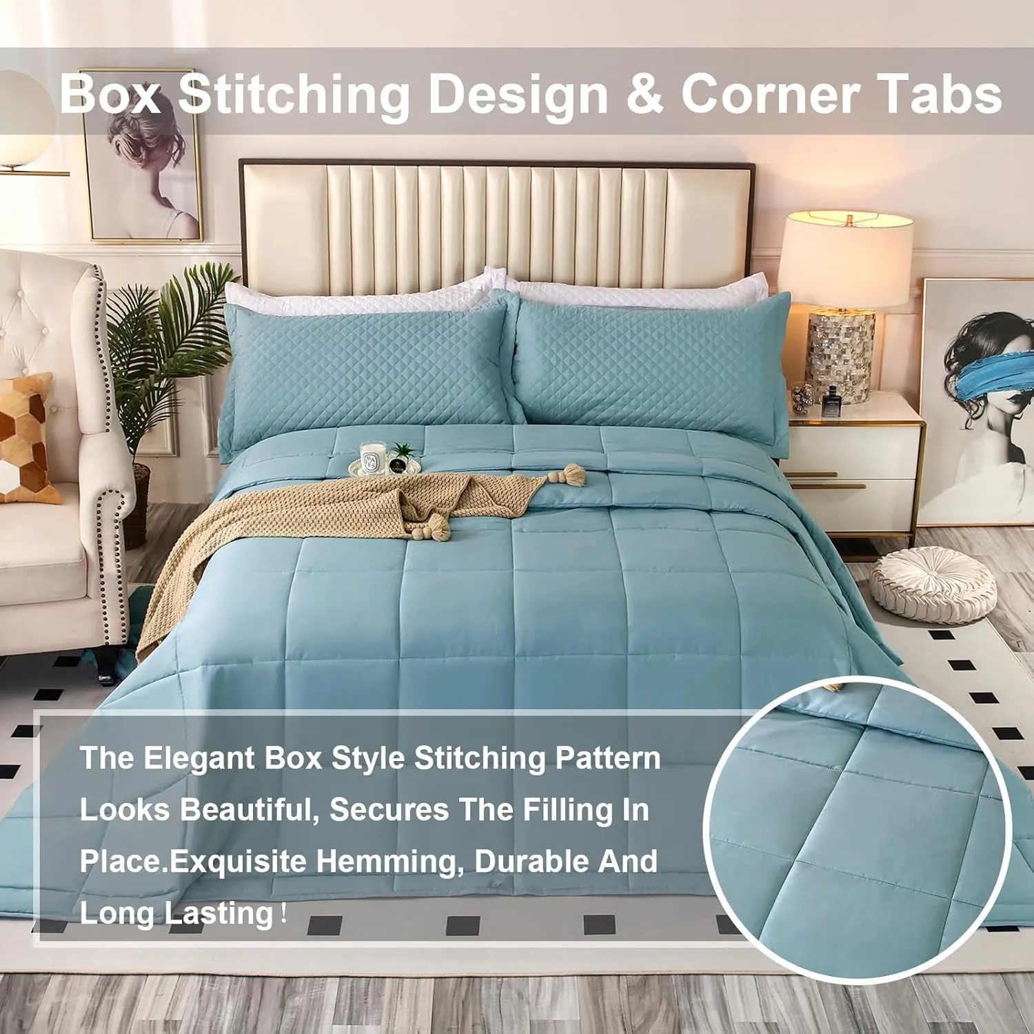 128x120 Oversized King Plus Comforter, Winter Warm Extra Large King Size Quilts 3 Pieces Lightweight Reversible Down Alternative Comforter for All Season with 8 Corner Tabs -Ice Blue