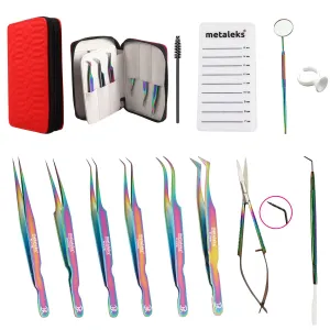 12Pcs Complete Eyelash Extension Tweezers and Accessories Tool Kit In Multi Titanium Coated