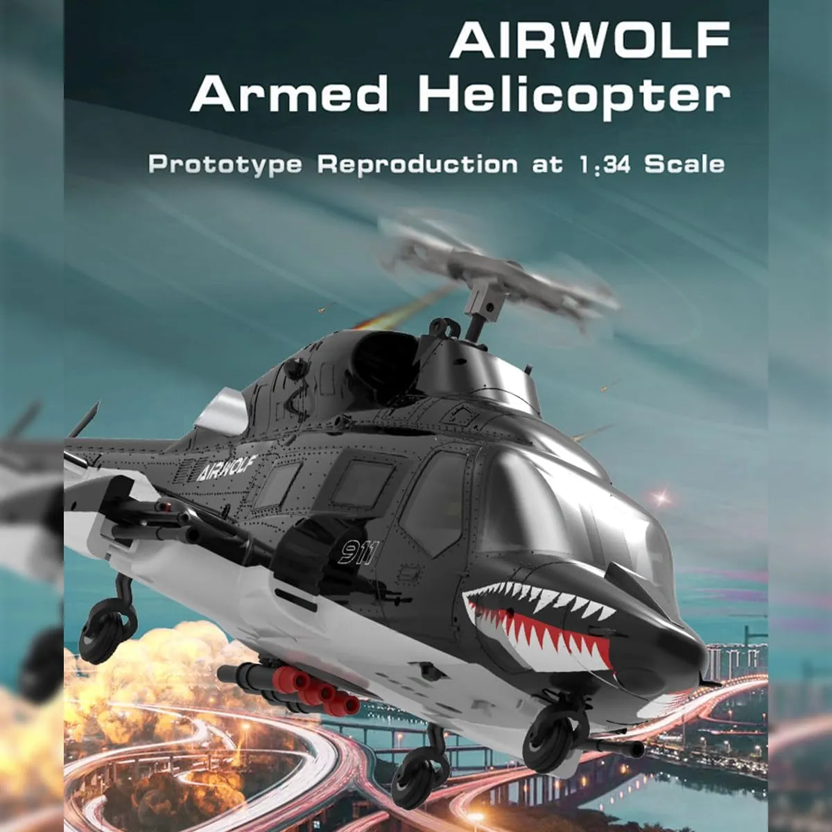 1/34 AW-911 RC Helicopter with GPS Positioning, 2.4G 9CH Flybarless 6G/3D Stunt Remote Control Helicopter 1 Battery Armed Military RC Aircraft Toy Gift for Adults -RTF