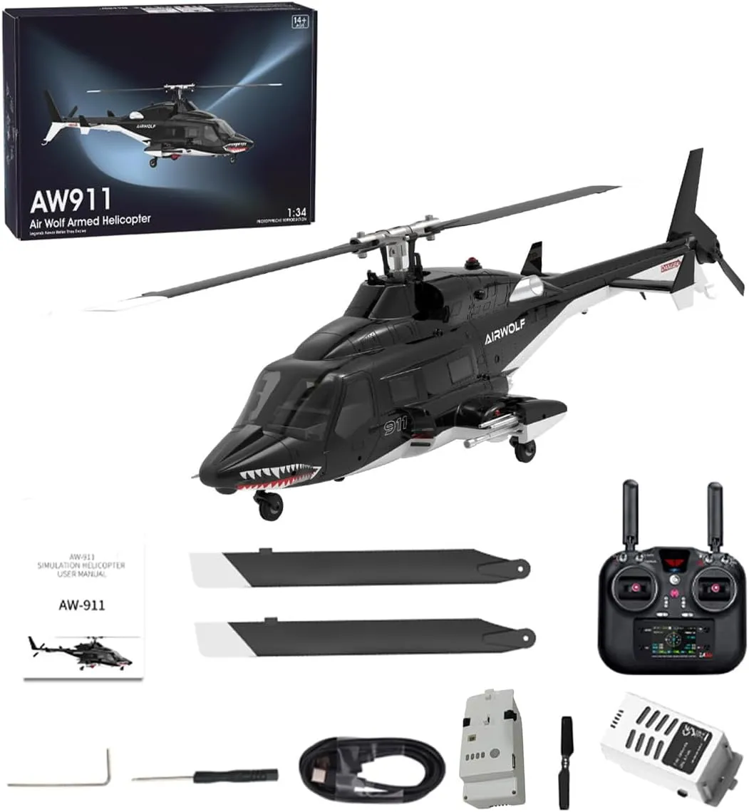 1/34 AW-911 RC Helicopter with GPS Positioning, 2.4G 9CH Flybarless 6G/3D Stunt Remote Control Helicopter 1 Battery Armed Military RC Aircraft Toy Gift for Adults -RTF