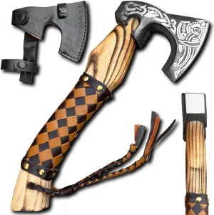13" Handmade Viking Axe with Leather Sheath - Carbon Steel Blade, Leather Wrapped Ash Wood Handle, Hand-Forged, Battle Axe for Camping, Hunting, Throwing Bushcraft.