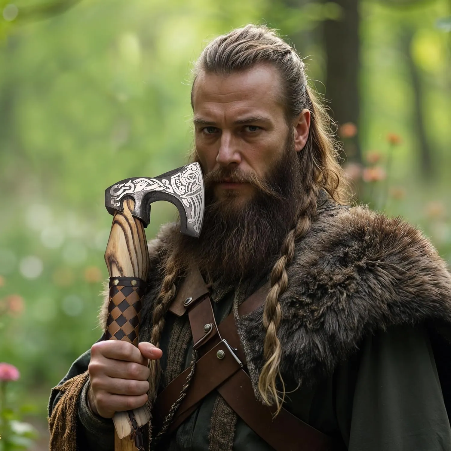 13" Handmade Viking Axe with Leather Sheath - Carbon Steel Blade, Leather Wrapped Ash Wood Handle, Hand-Forged, Battle Axe for Camping, Hunting, Throwing Bushcraft.