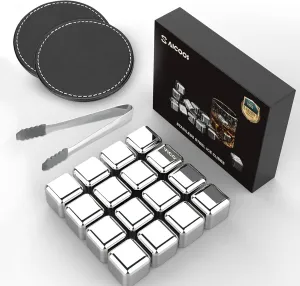 16 Pack Reusable Stainless Steel Ice Cubes for Drinks - Metal Whiskey Stones, High Cooling Technology, for Whiskey, Vodka, Liqueurs, Wine, Beverage Juice or Soda, Pack of 16
