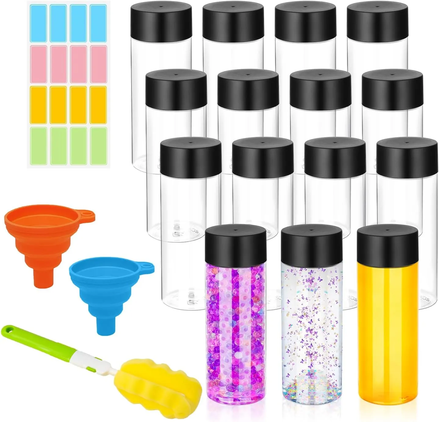 16 Pcs Clear Plastic Bottles Empty Sensory Bottles with Caps, PET Plastic Juice Bottles Reusable Bulk Leakproof Drink Containers Clear Water Bottle for Juice Milk (Black Lid, 10 oz/ 300 ml)