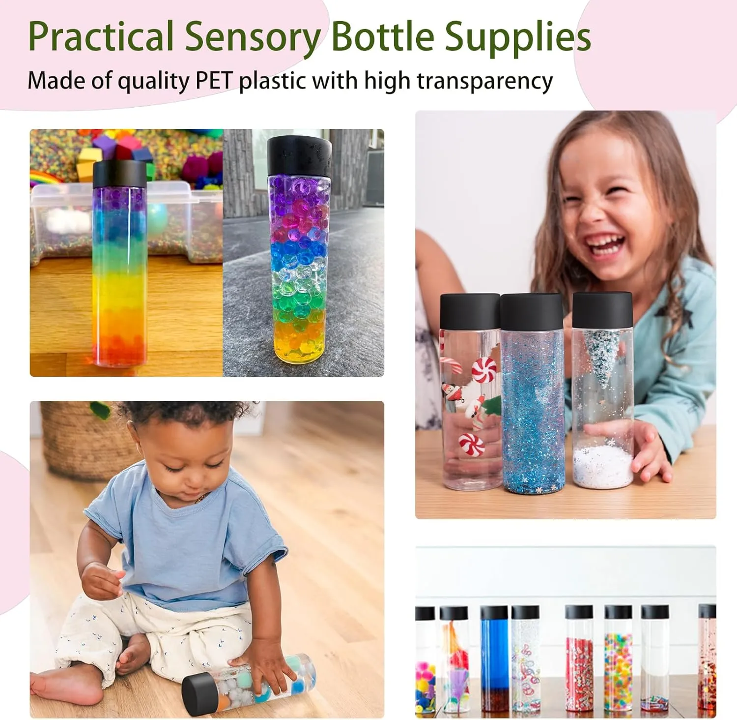 16 Pcs Clear Plastic Bottles Empty Sensory Bottles with Caps, PET Plastic Juice Bottles Reusable Bulk Leakproof Drink Containers Clear Water Bottle for Juice Milk (Black Lid, 10 oz/ 300 ml)