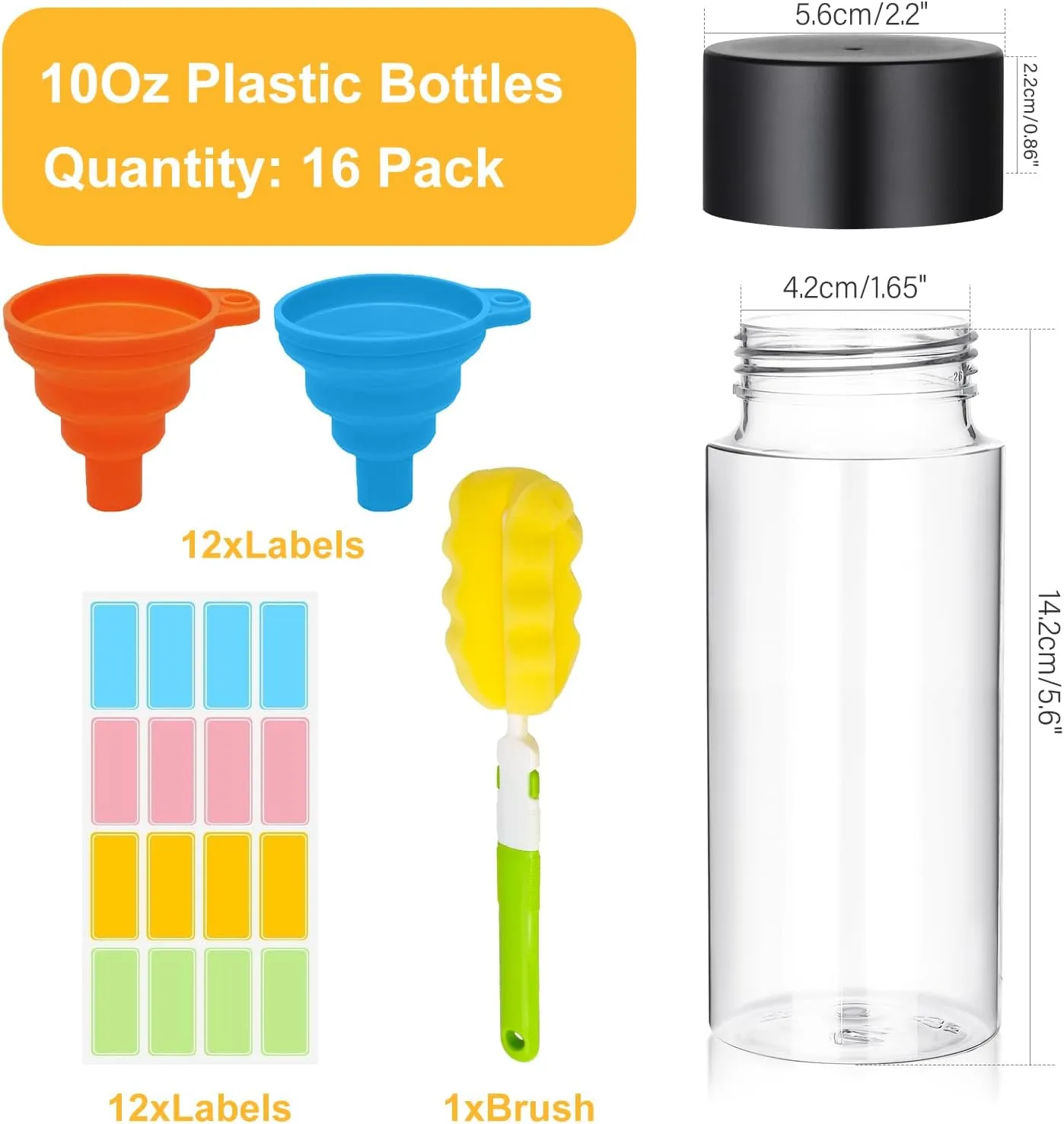 16 Pcs Clear Plastic Bottles Empty Sensory Bottles with Caps, PET Plastic Juice Bottles Reusable Bulk Leakproof Drink Containers Clear Water Bottle for Juice Milk (Black Lid, 10 oz/ 300 ml)