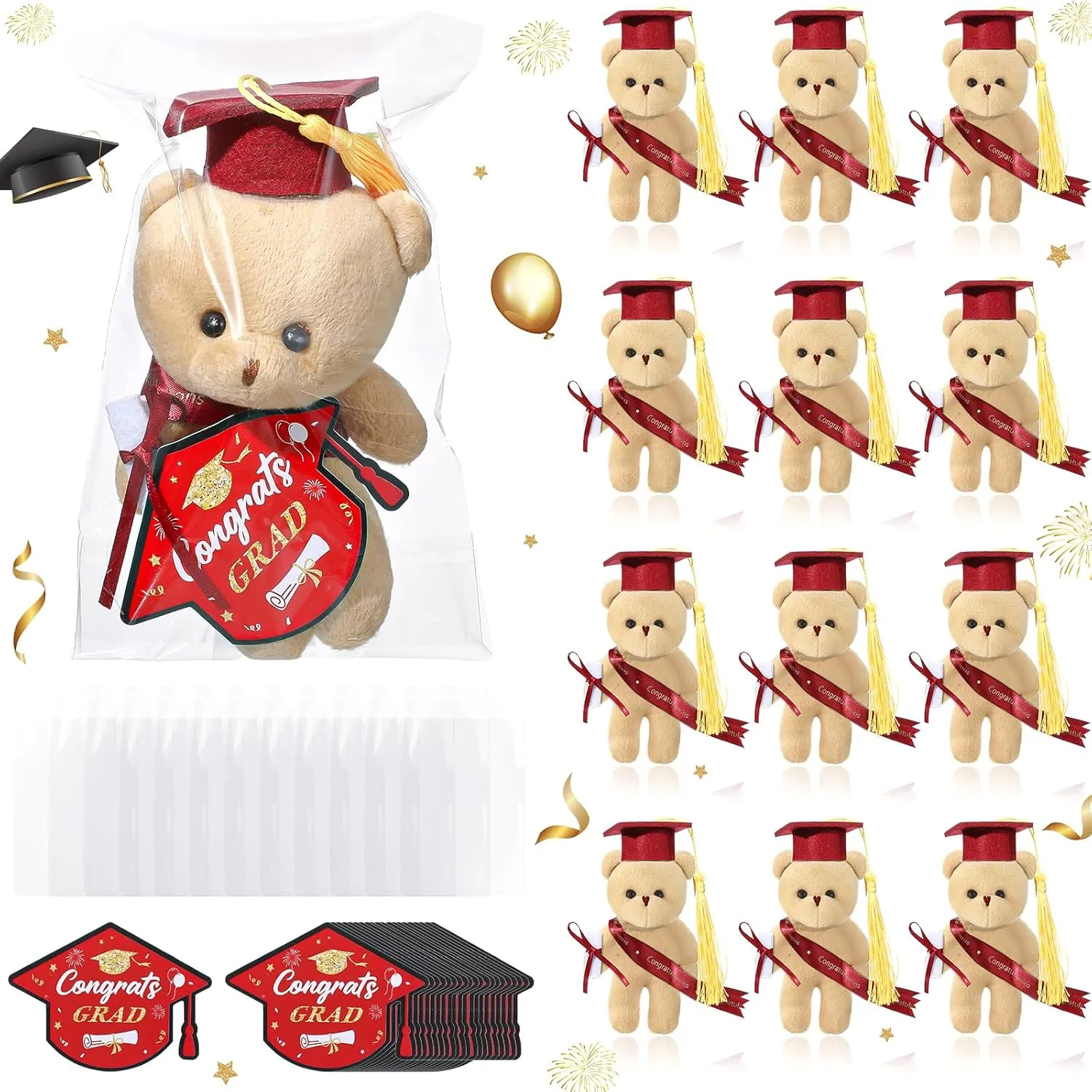 16 Sets Mini Graduation Bear Plush with Gift Bag Graduation Card Set Hangable Graduation Bear Stuffed Animals Congrats Grad Bears for DIY Graduation Gift Graduation Party Favors(Red)