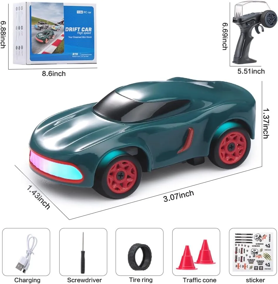 1/64 Mini RC Drift Car 4WD High-Speed Desktop Toy Remote Control Sports Cars 2.4Ghz Racing Model Ideal for Racer Kids and Adults (K11 Green)