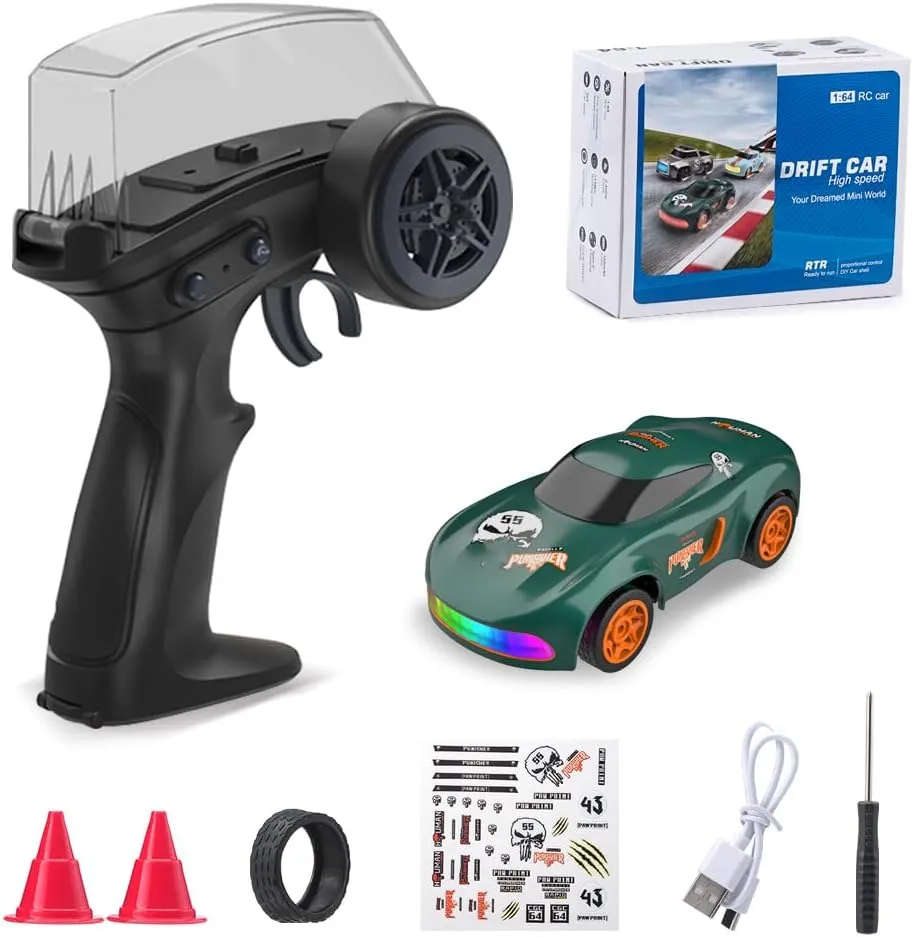 1/64 Mini RC Drift Car 4WD High-Speed Desktop Toy Remote Control Sports Cars 2.4Ghz Racing Model Ideal for Racer Kids and Adults (K11 Green)