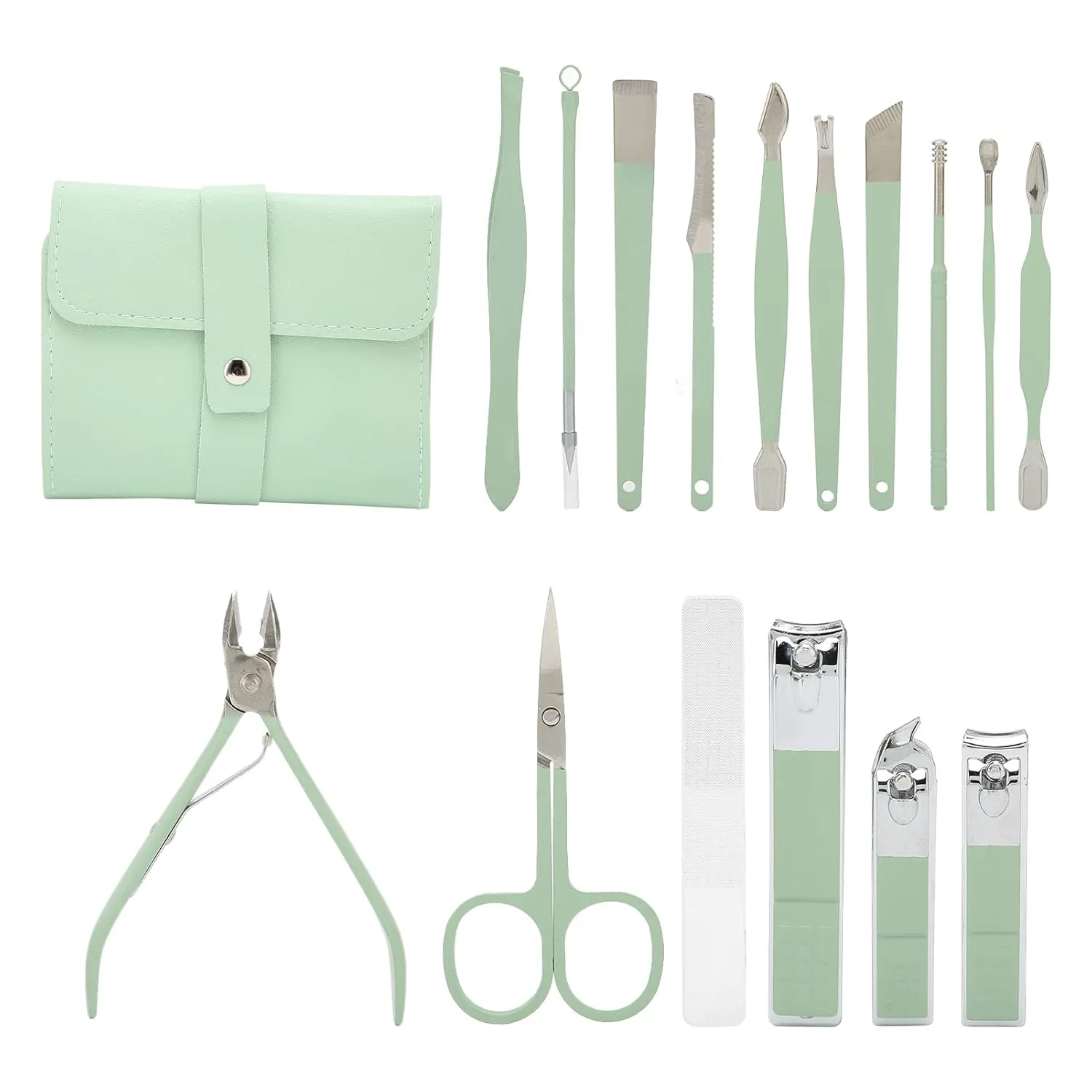 16Pcs Stainless Steel Manicure & Pedicure Set | Skilled Nail Clippers Kit for Men & Women | Eyebrow Trimmer/Ear Care Tool/Nose Hair Cutter | Travel - Friendly Storage Bag