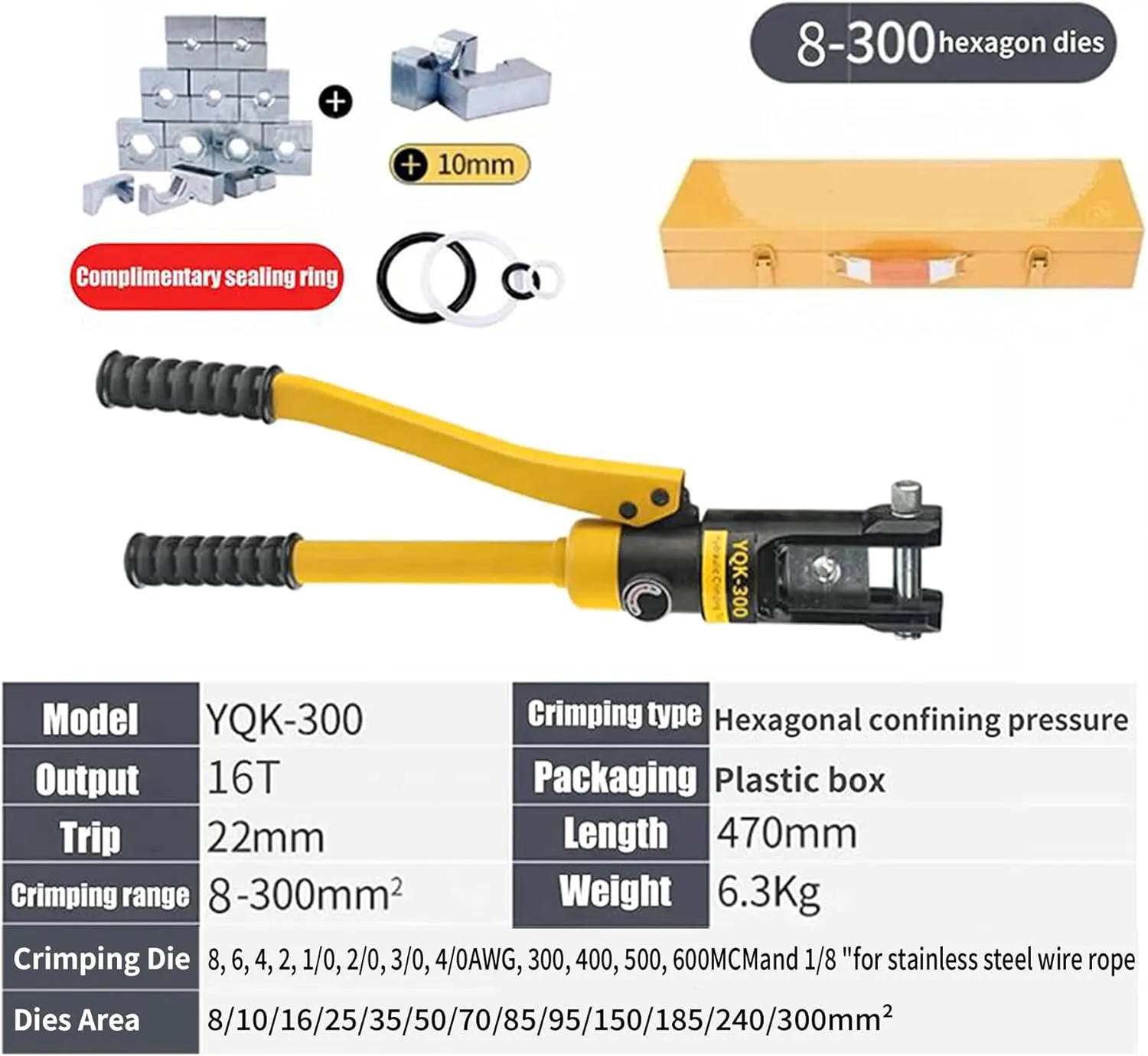 16T Hydraulic Crimping Tool 8 AWG to 600 MCM Battery Cable Crimping Tool 0.87 inch Stroke Hydraulic Lug Crimper Electrical Terminal Crimper with 13 Pairs of Dies