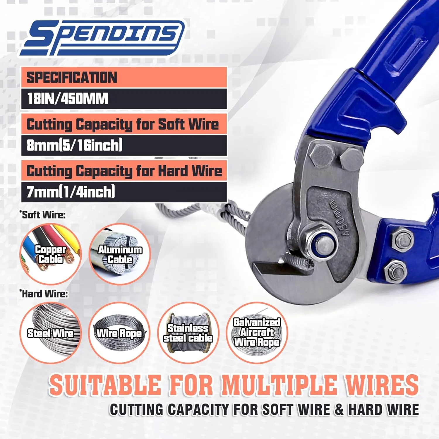 18” Heavy Duty Wire Rope Cutter,Steel Wire Cutters w/Ergonomic Handle Design, Hardened Cable Cutter Cuts Up to 5/16" for Wire rope, Stainless Steel Wire, Copper and Aluminium Cables