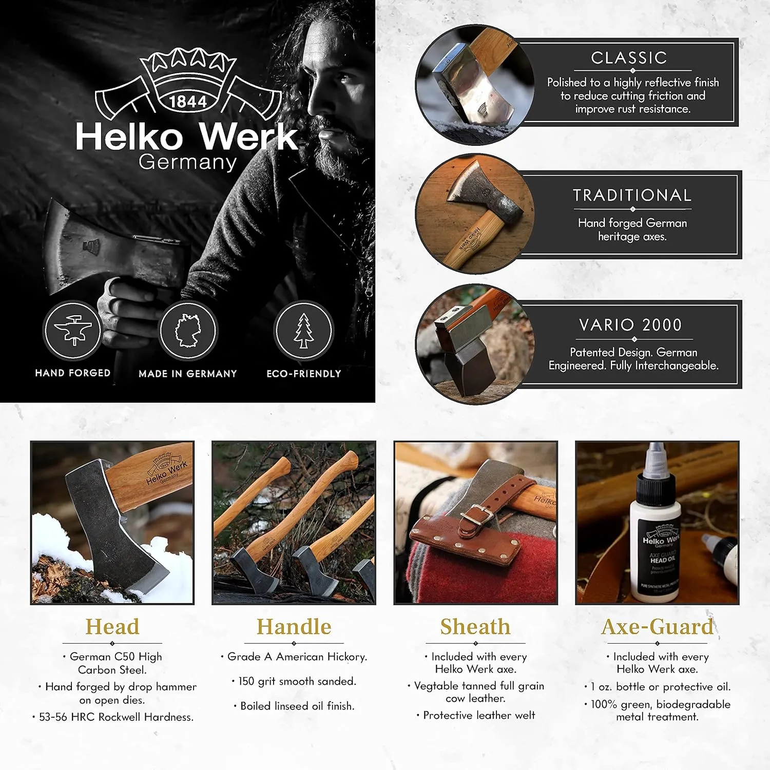 1844 Helko Werk Germany Vario Heavy Universal Axe - German Made Heavy Duty Large Felling Axe and Cutting Axe - Head 5.5 lbs, Handle 36 in. (Heavy Universal) #10055