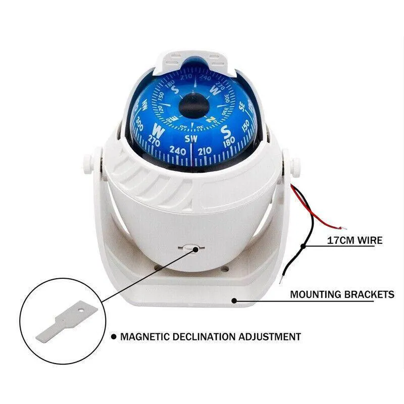 1Pc Magnetic Boat Compass White Built In Light 65mm Card Pivoting Marine Sea