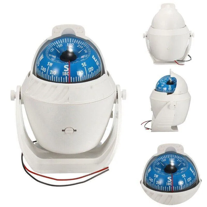 1Pc Magnetic Boat Compass White Built In Light 65mm Card Pivoting Marine Sea