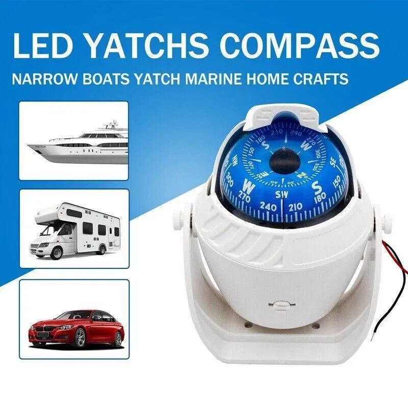 1Pc Magnetic Boat Compass White Built In Light 65mm Card Pivoting Marine Sea