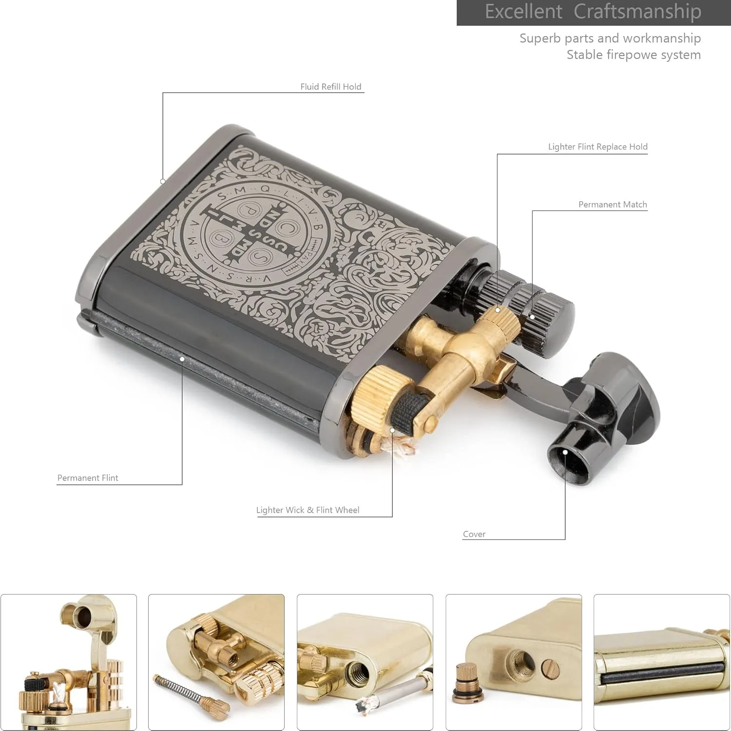 2 in 1 Lighter Permanent Match Antique Style Lift Arm Kerosene Lighter with Permanent Match (Black Ice Constantine)