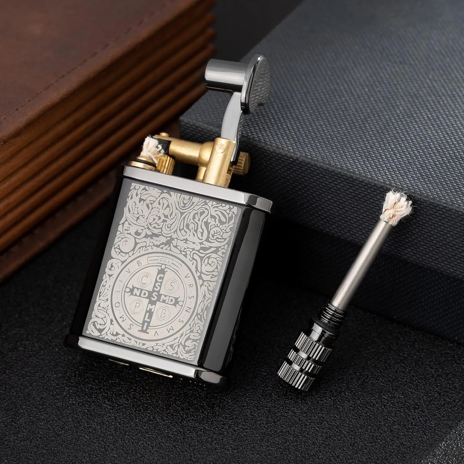 2 in 1 Lighter Permanent Match Antique Style Lift Arm Kerosene Lighter with Permanent Match (Black Ice Constantine)