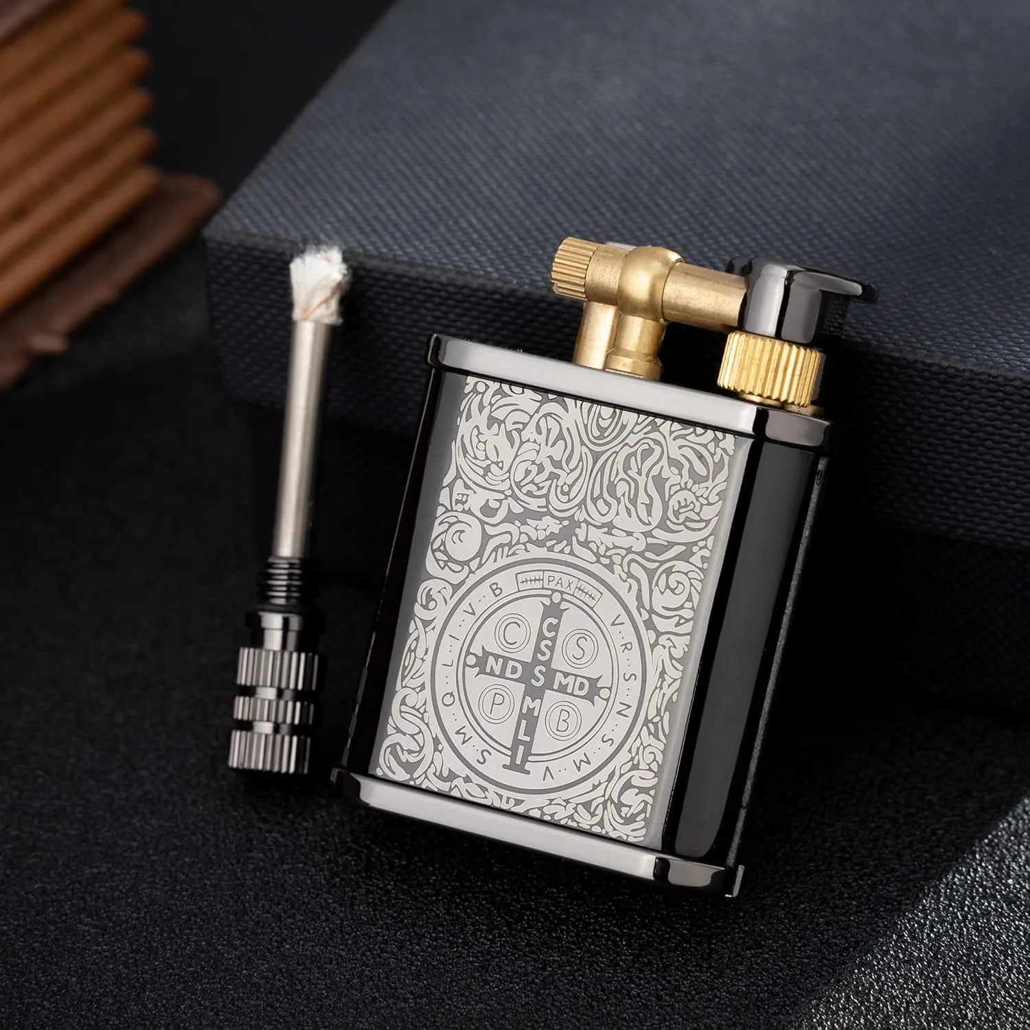 2 in 1 Lighter Permanent Match Antique Style Lift Arm Kerosene Lighter with Permanent Match (Black Ice Constantine)