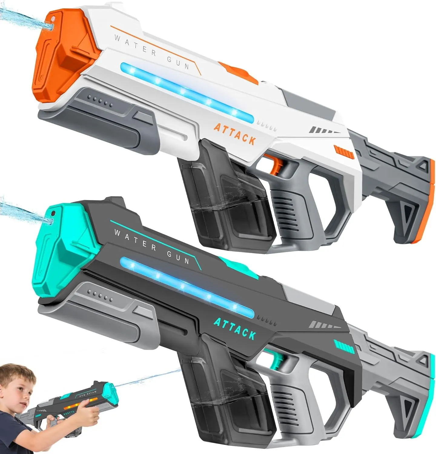 2 Pack Electric Water Guns for Adults, Squirt Guns for Kids with Light Up and Large Capacity, Powerful Water Gun Up to 28-32FT Range for Summer Swimming Pool Party Beach Outdoor Activity