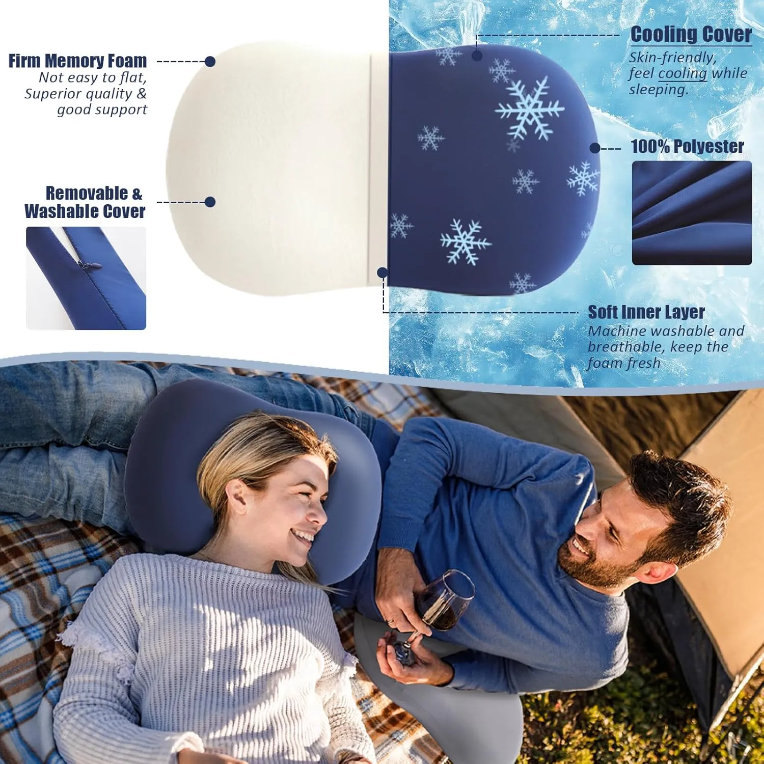 2 Pack Memory Foam Travel Pillow Camping Pillow Medium Firm Bed Pillows for Sleeping Cooling Small Pillow for Camp,Plane,Backpacking,Trip,Cool & Breathable Cover (2, Blue)