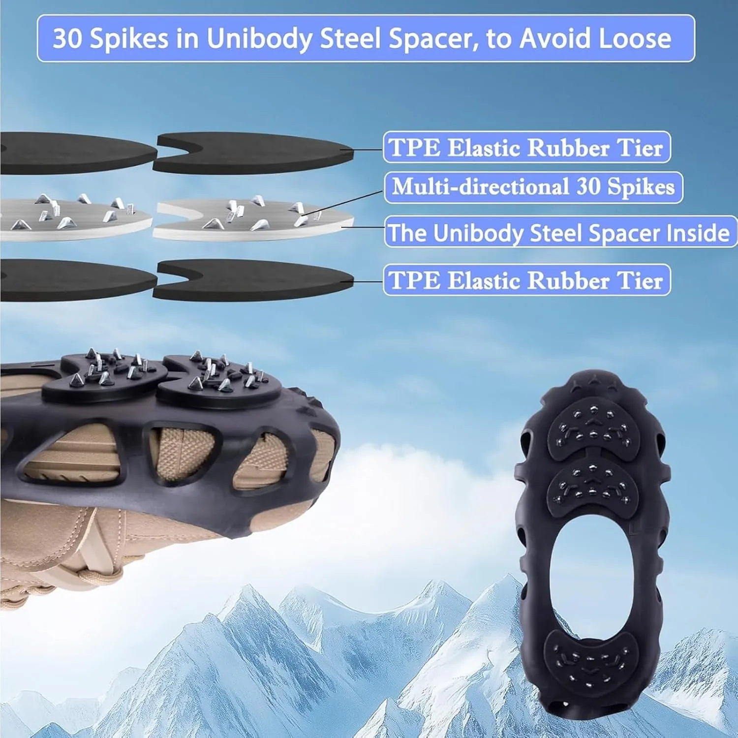 2 Pairs Non Slip Gripper Spikes for Shoes, Ice Traction Cleats with 30 Steel Studs Crampon for Walking on Snow and Ice, Shoe Spikes for Ice Fishing, Hiking, Snow Shoveling