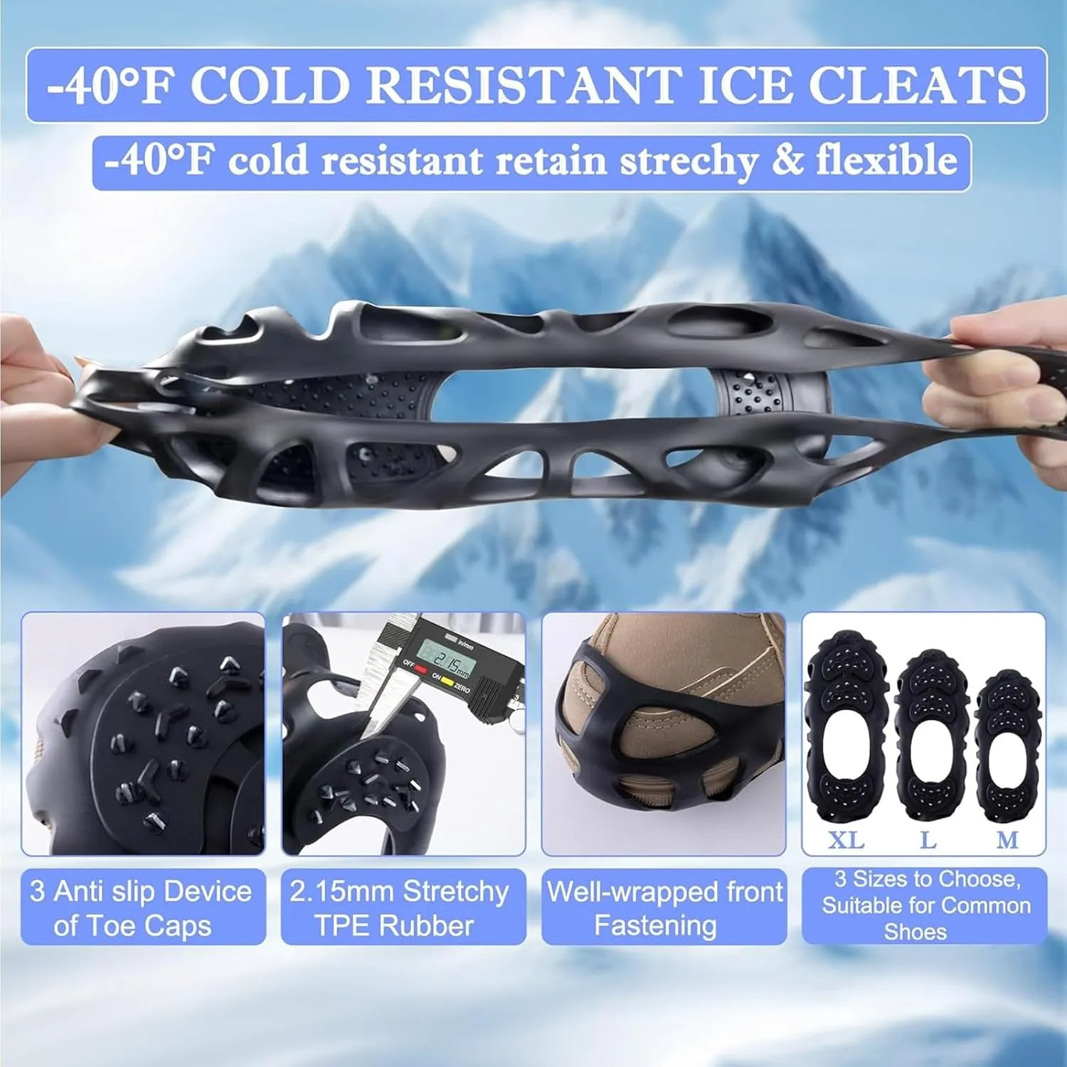 2 Pairs Non Slip Gripper Spikes for Shoes, Ice Traction Cleats with 30 Steel Studs Crampon for Walking on Snow and Ice, Shoe Spikes for Ice Fishing, Hiking, Snow Shoveling