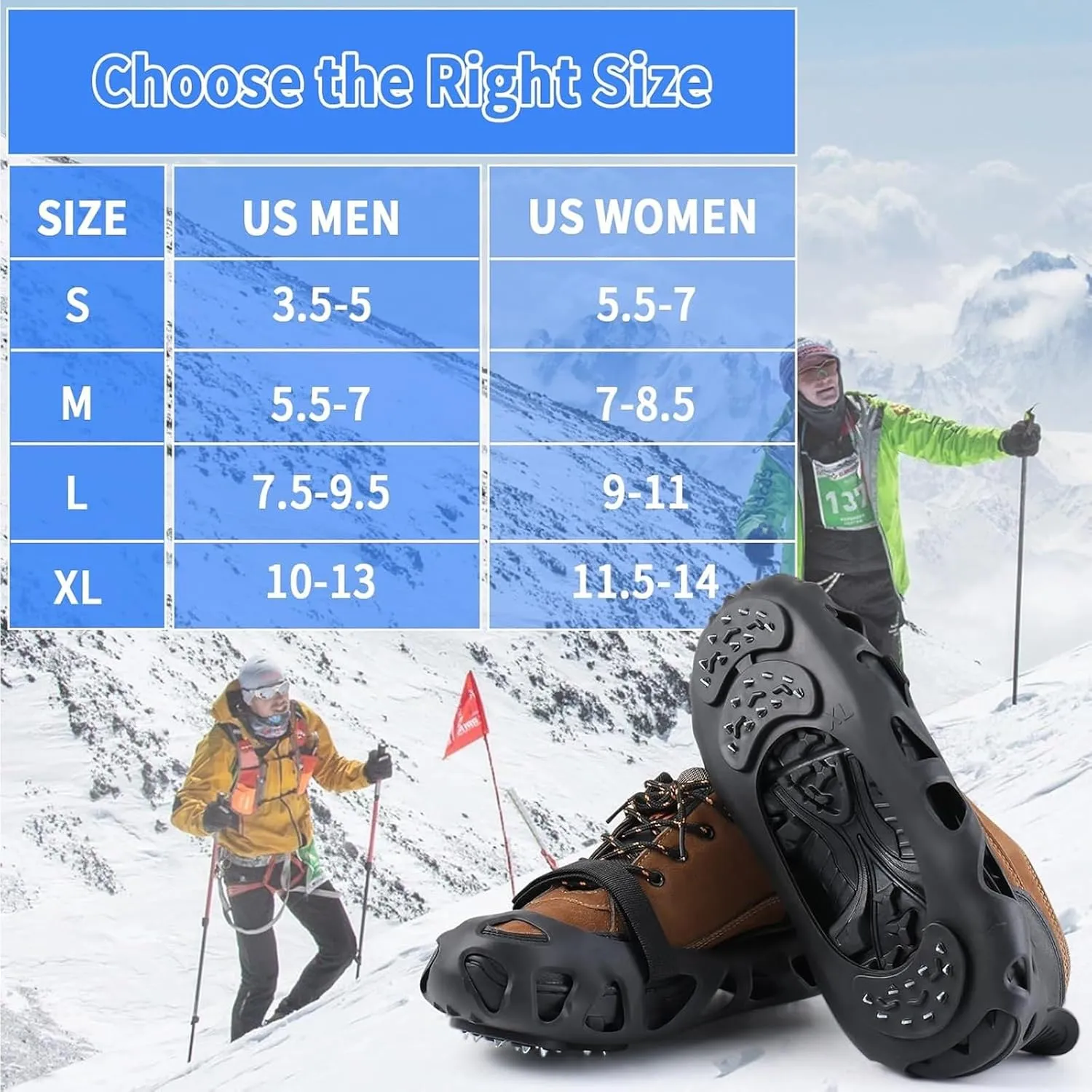 2 Pairs Non Slip Gripper Spikes for Shoes, Ice Traction Cleats with 30 Steel Studs Crampon for Walking on Snow and Ice, Shoe Spikes for Ice Fishing, Hiking, Snow Shoveling
