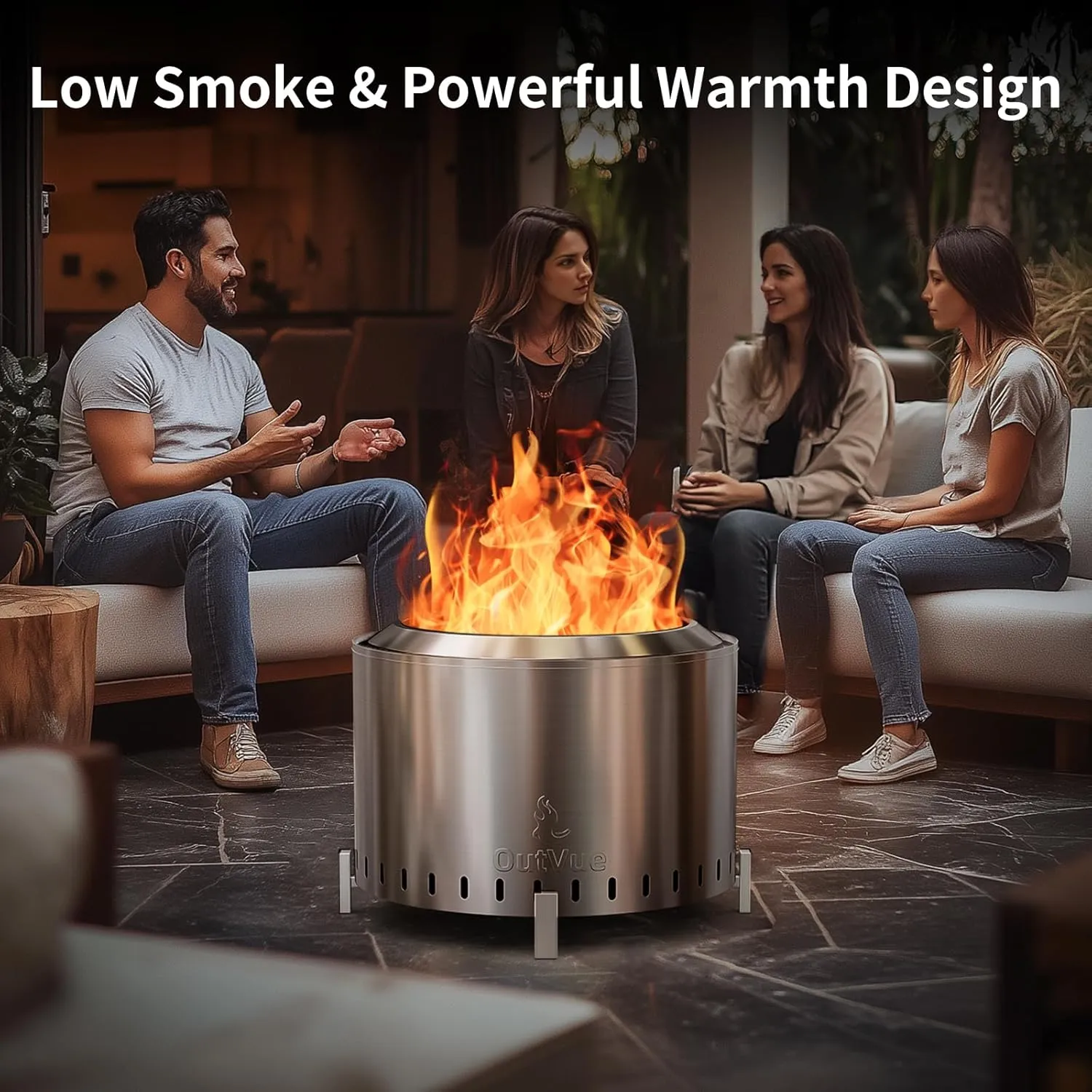 22" Stainless Steel Smokeless Fire Pit, Outdoor Protable Smokeless Wood Burning Fire Pits for Bonfire, Patio, Camping, Firepit for Outside with Poker & Cover(Vertical Hole)