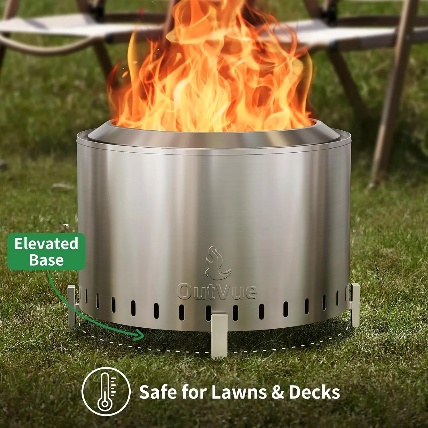 22" Stainless Steel Smokeless Fire Pit, Outdoor Protable Smokeless Wood Burning Fire Pits for Bonfire, Patio, Camping, Firepit for Outside with Poker & Cover(Vertical Hole)