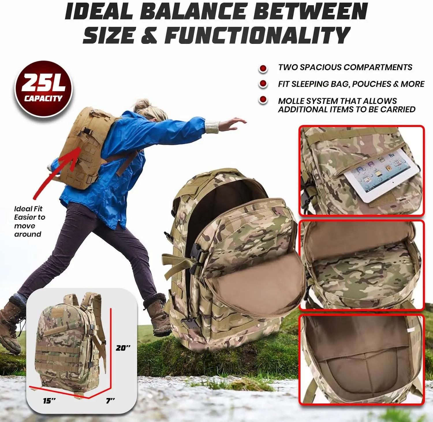 25L Bug Out Backpack for Men | Survival Go Bag for Essential Items, Supplies, Tools & Necessity Kits in Emergencies
