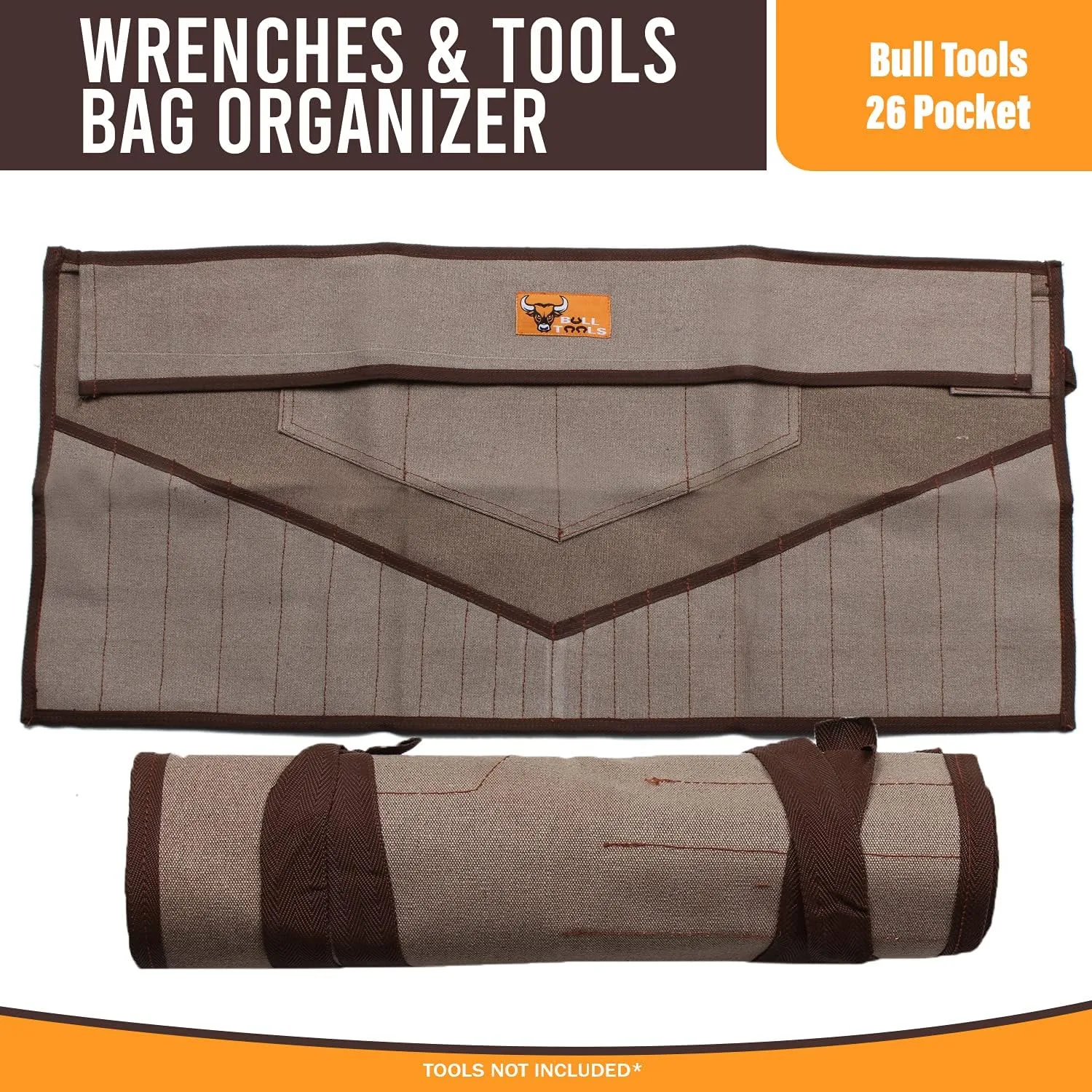 26-Pocket Tool Roll Organizer, Heavy Cotton Canvas Roll-Up Pouch for Metric & SAE Wrenches, Handcrafted Durable Tool Bag for Mechanics, DIY Enthusiasts, and Craftsmen (Tools Excluded)