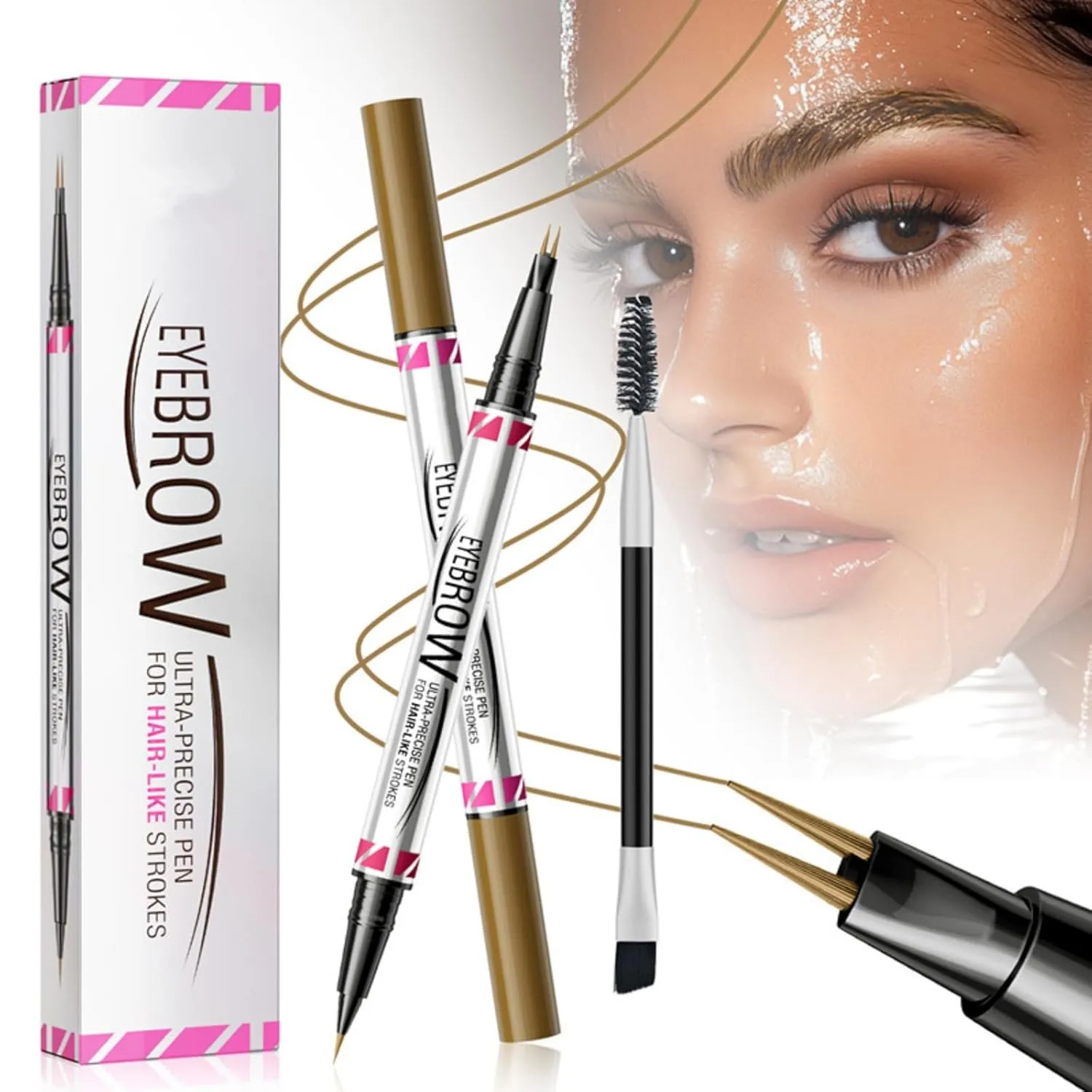 2PCS 2-in-1 Dual-Ended Microblading Eyebrow Pen and Eyeliner Curved Eyebrow Pen Pencil 3D Waterproof Eyebrow Pen with Micro Fork Tip and Precise Brush Tip Create Natural Hair Like Brows (03# 2pcs)