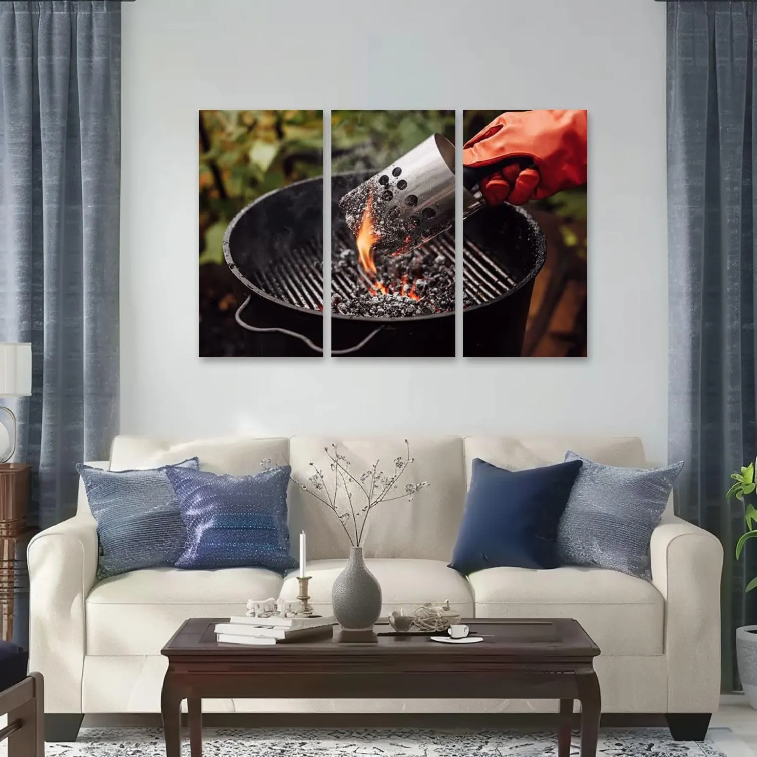 3 Piece Canvas Wall Art Prints Picture Close up man gloves chimney starter barbecue grill open air Framed Wall Painting Modern Artwork Poster Home Decor for Living Room Office Ready to Hang