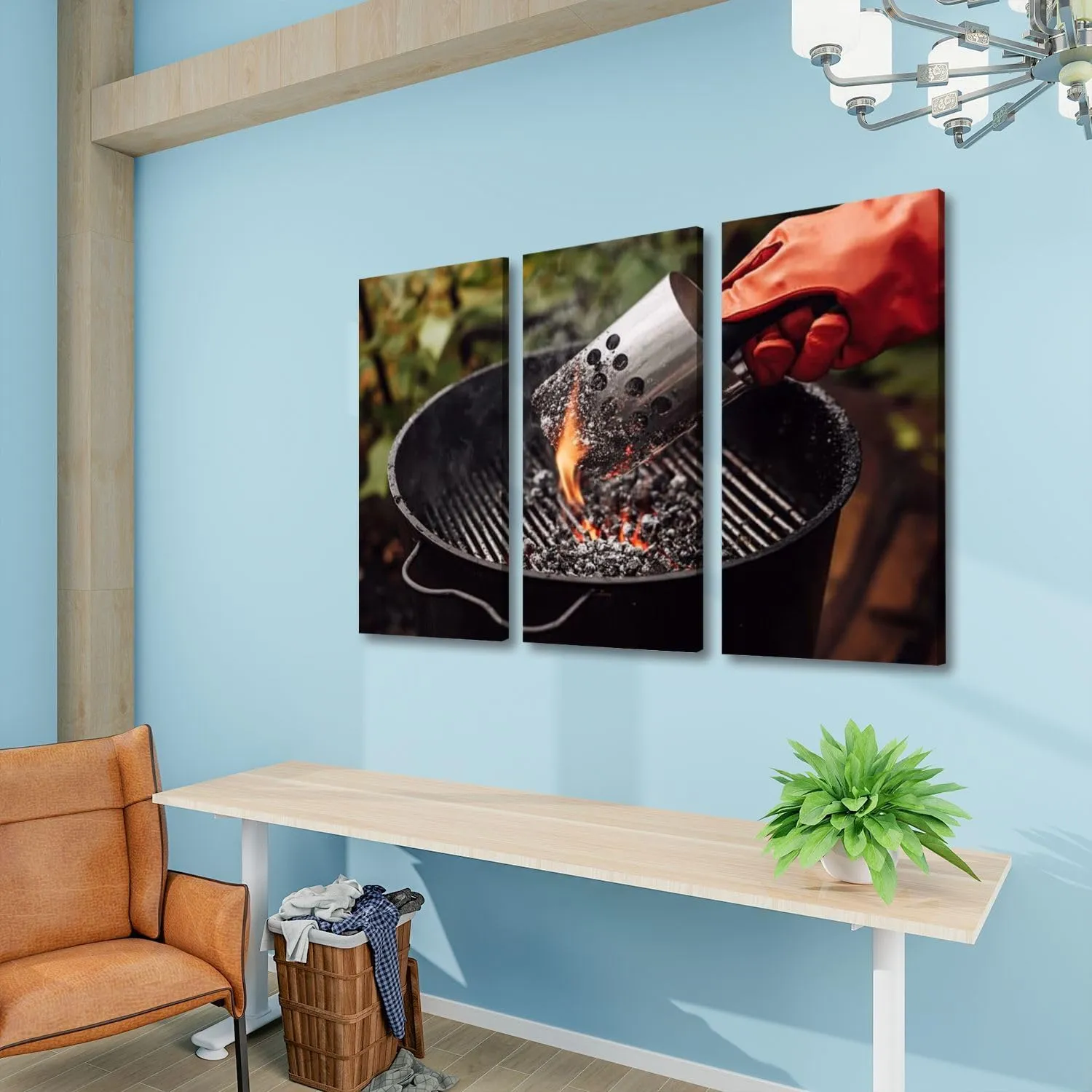 3 Piece Canvas Wall Art Prints Picture Close up man gloves chimney starter barbecue grill open air Framed Wall Painting Modern Artwork Poster Home Decor for Living Room Office Ready to Hang