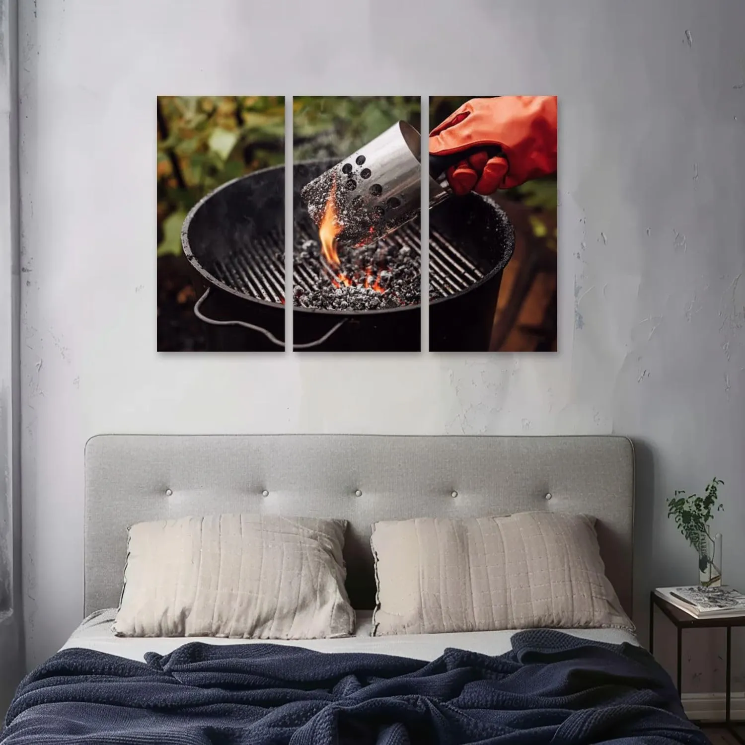 3 Piece Canvas Wall Art Prints Picture Close up man gloves chimney starter barbecue grill open air Framed Wall Painting Modern Artwork Poster Home Decor for Living Room Office Ready to Hang