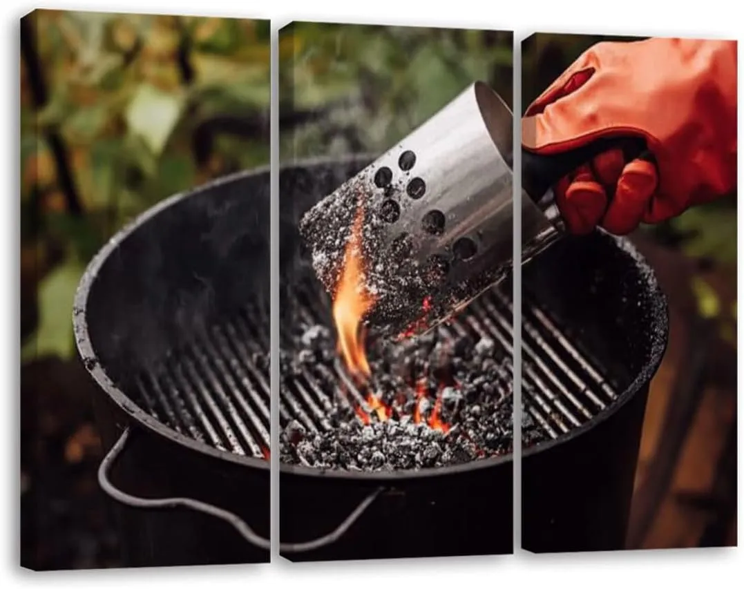 3 Piece Canvas Wall Art Prints Picture Close up man gloves chimney starter barbecue grill open air Framed Wall Painting Modern Artwork Poster Home Decor for Living Room Office Ready to Hang