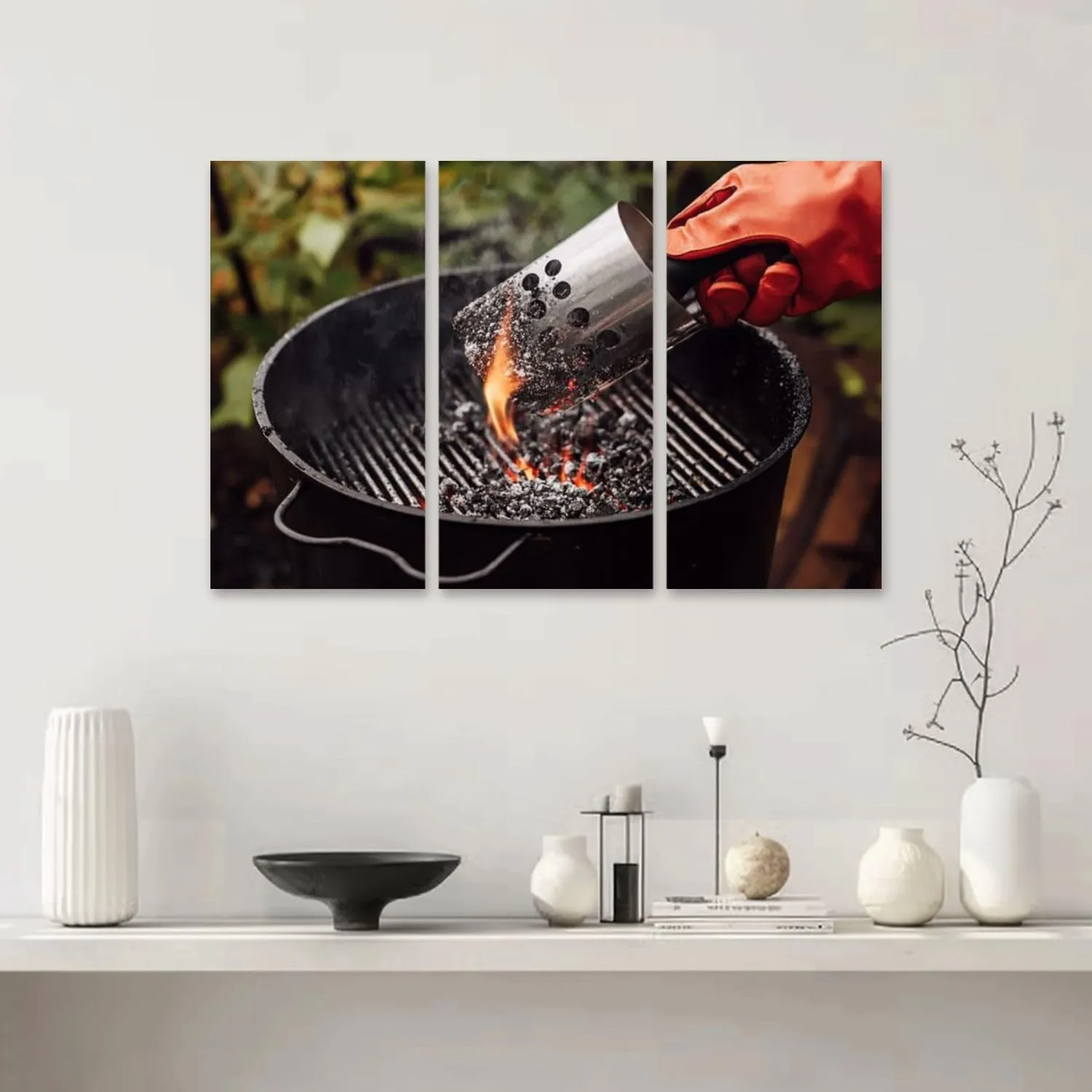 3 Piece Canvas Wall Art Prints Picture Close up man gloves chimney starter barbecue grill open air Framed Wall Painting Modern Artwork Poster Home Decor for Living Room Office Ready to Hang